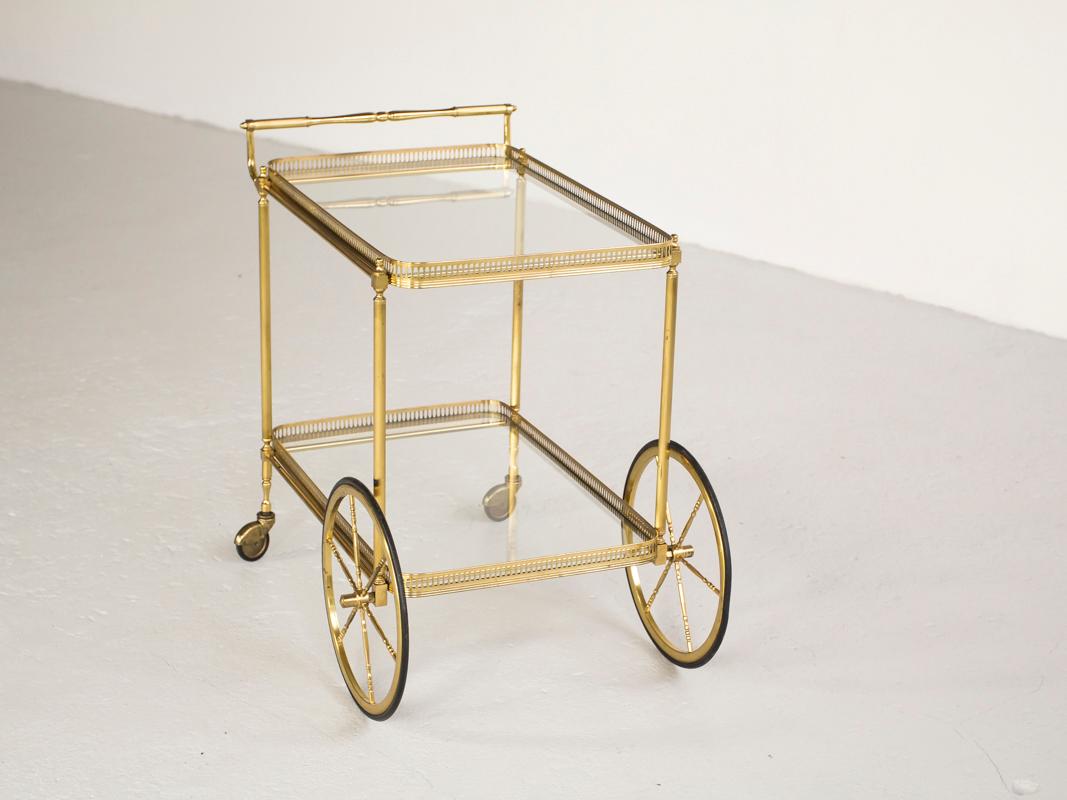 French Midcentury Serving Trolley in Brass and Glass by Maison Baguès, 1950s
