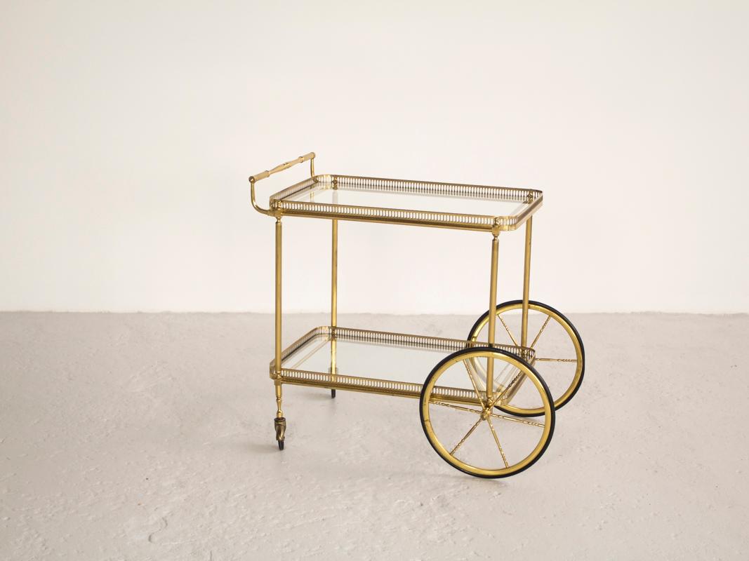 Midcentury Serving Trolley in Brass and Glass by Maison Baguès, 1950s 1