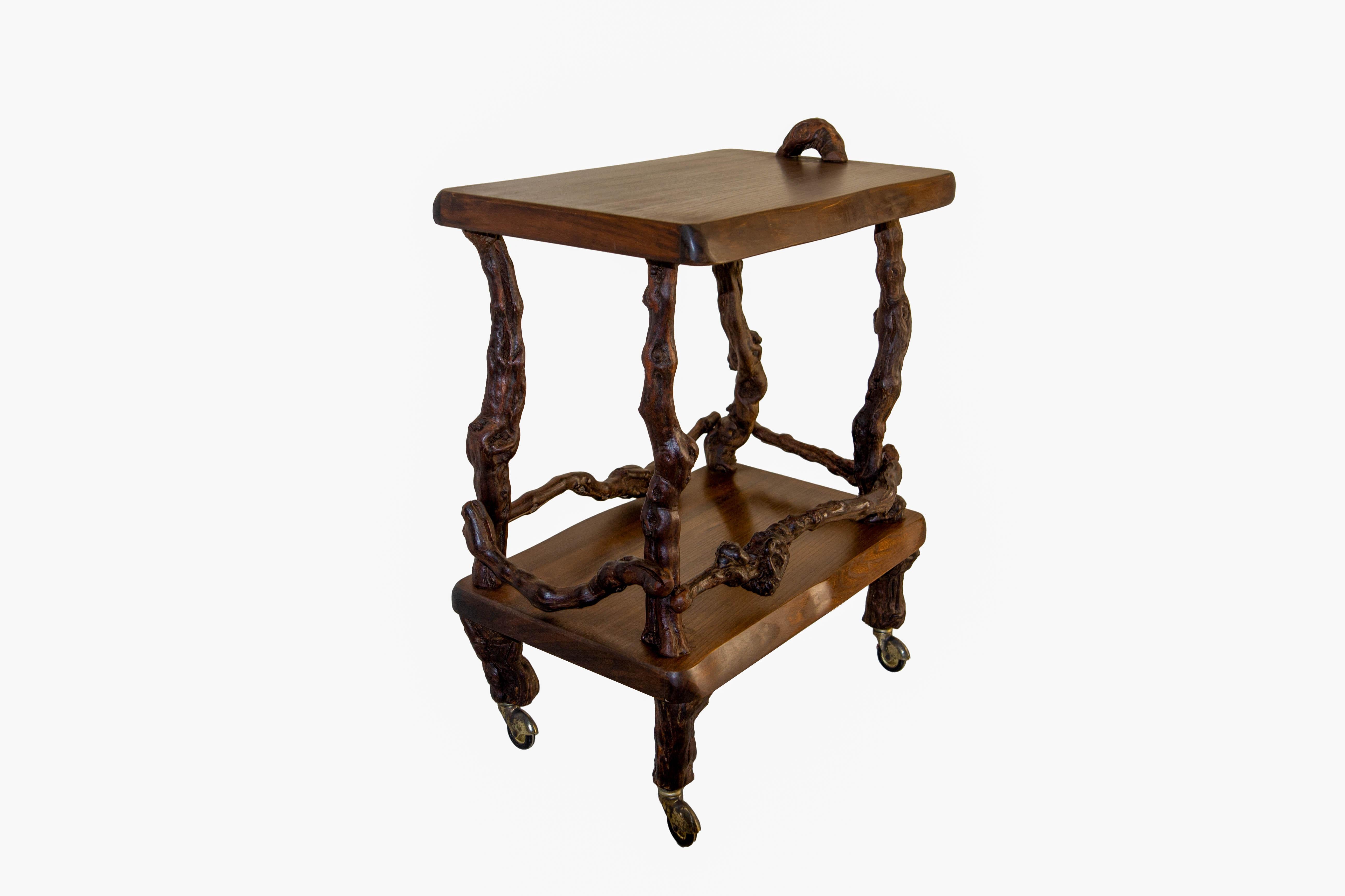 French Midcentury Serving Trolley Table Vine Wood and Elm Bar Cart circa 1960 For Sale