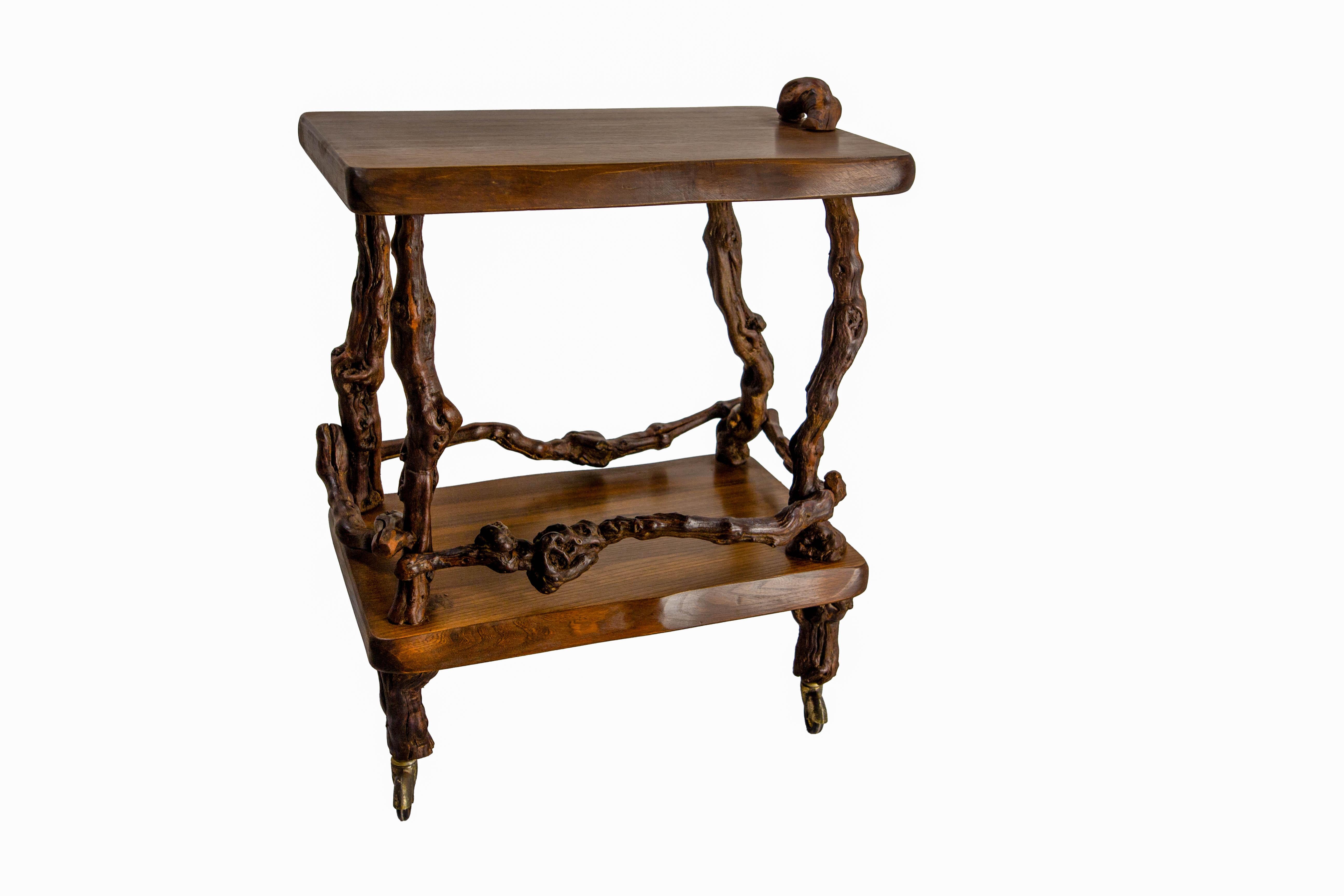 Midcentury Serving Trolley Table Vine Wood and Elm Bar Cart circa 1960 In Good Condition For Sale In Labrit, Landes