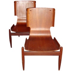 Midcentury Set 3 Curved Wood Italian Chairs, Swedish Style