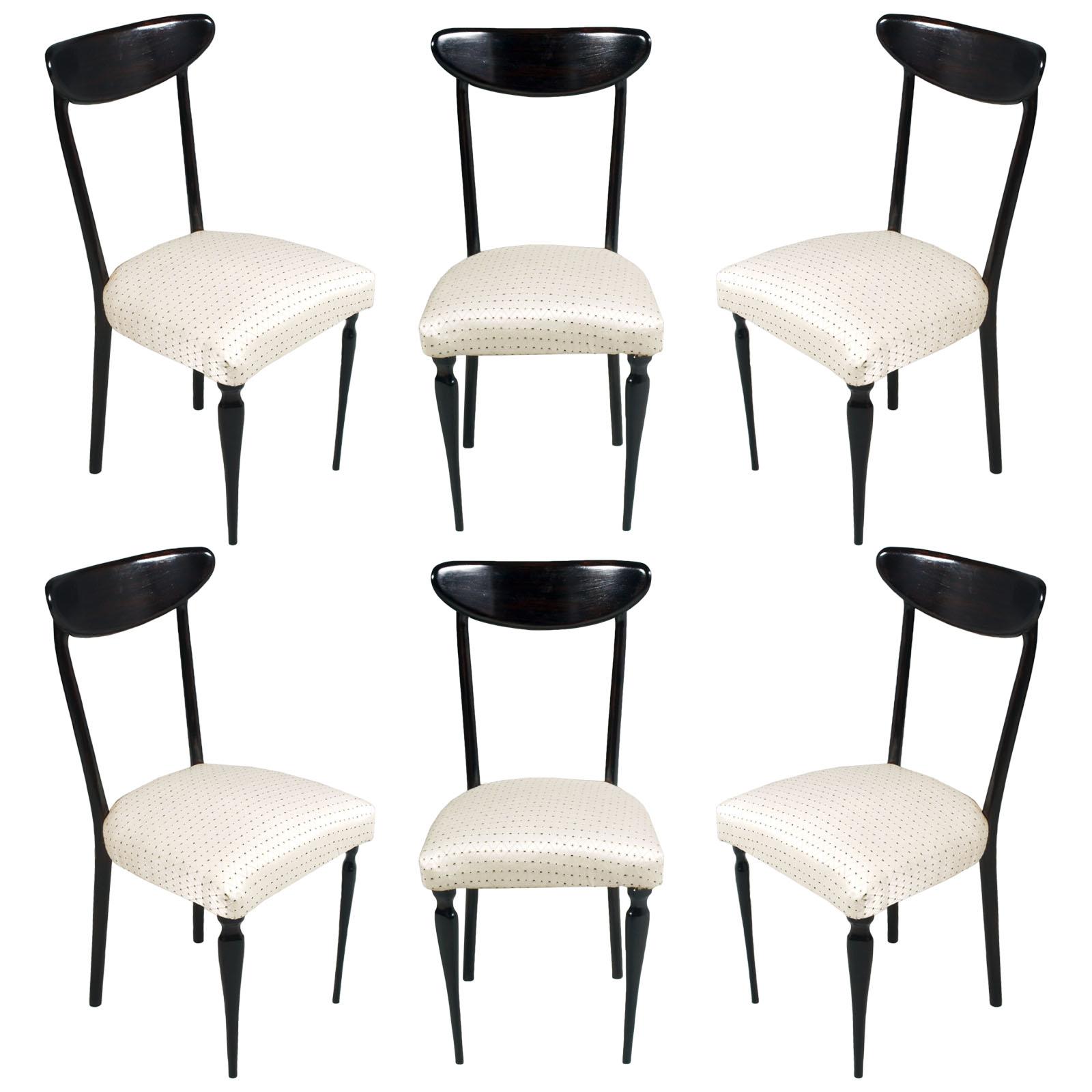Midcentury Set Dining Chairs Ebonized Mahogany Ico Parisi Style, Original Seat
