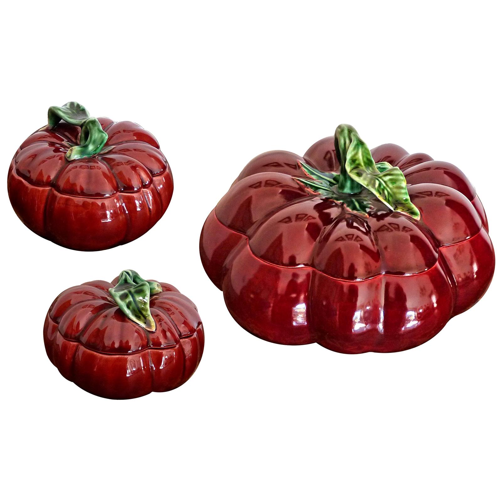 Midcentury Set Majolica Red Tomato Ceramic Covered Tureen Box & Sugar Jam Bowl 