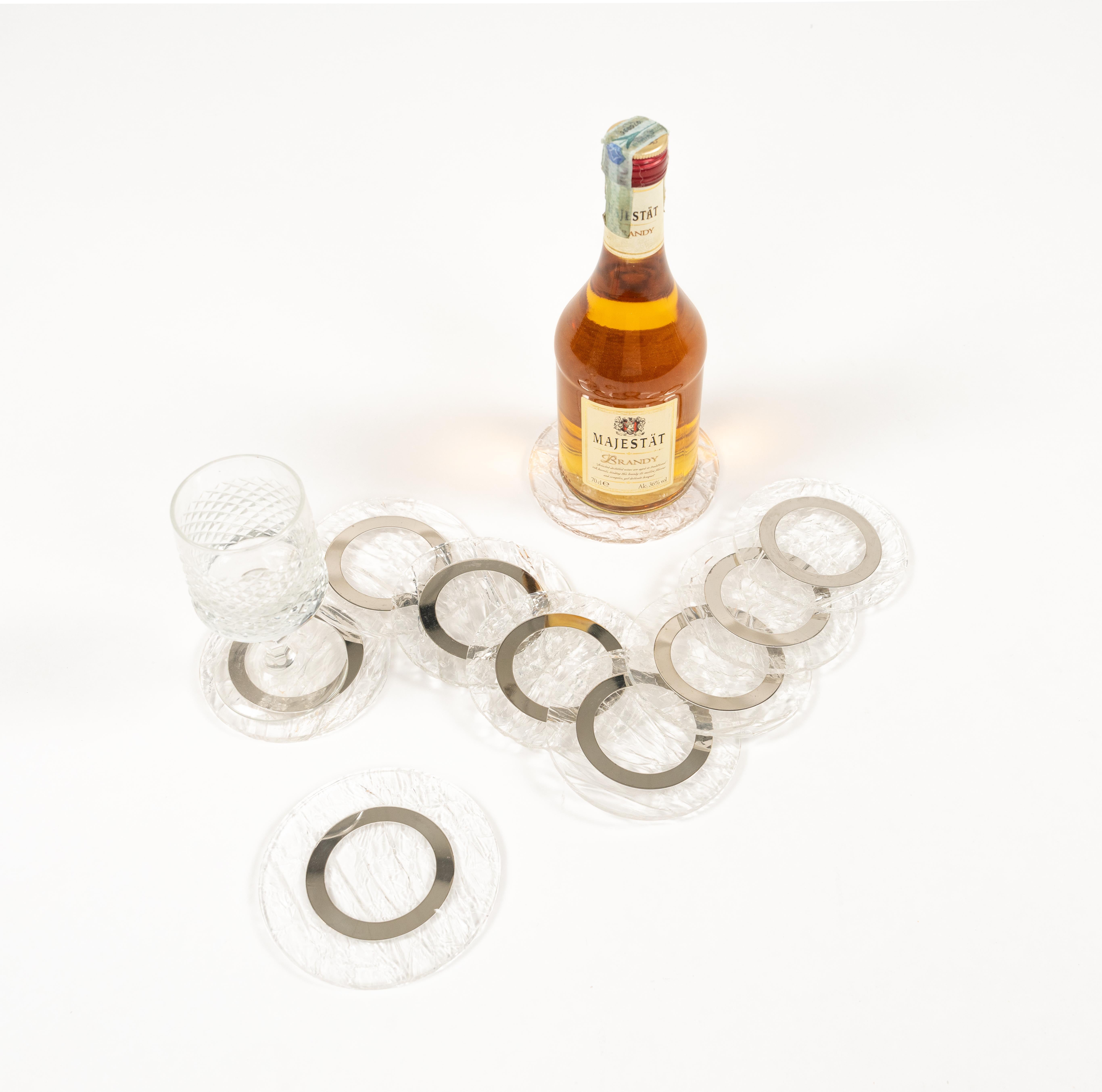 Metallo Set di 10 sottobicchieri in lucite e cromo del Medioevo, stile Willy Rizzo, Italia, anni '70 in vendita