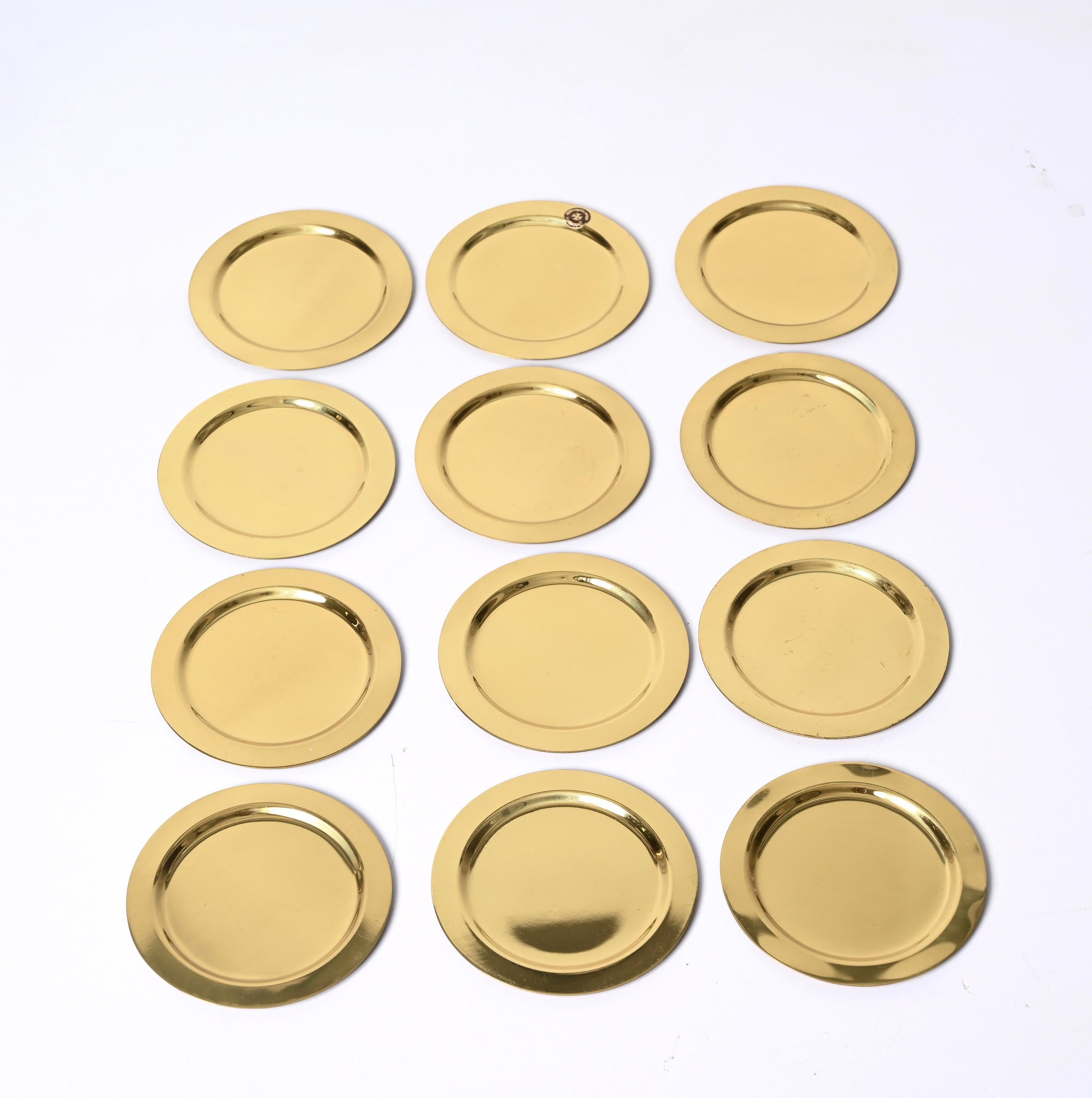 Mid-Century Set of 12 Italian Round  Brass Coasters, 1980s 7