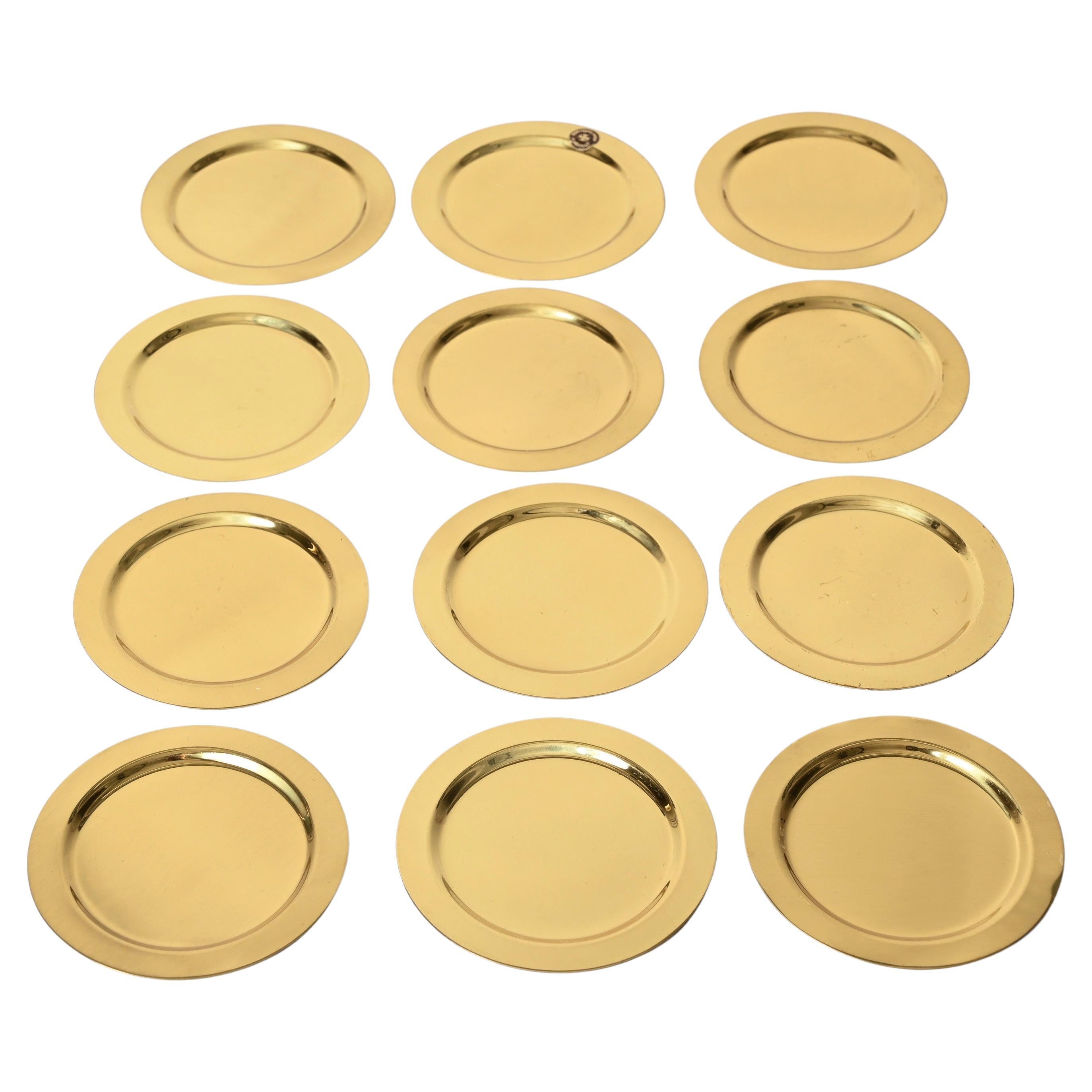 Mid-Century Set of 12 Italian Round  Brass Coasters, 1980s