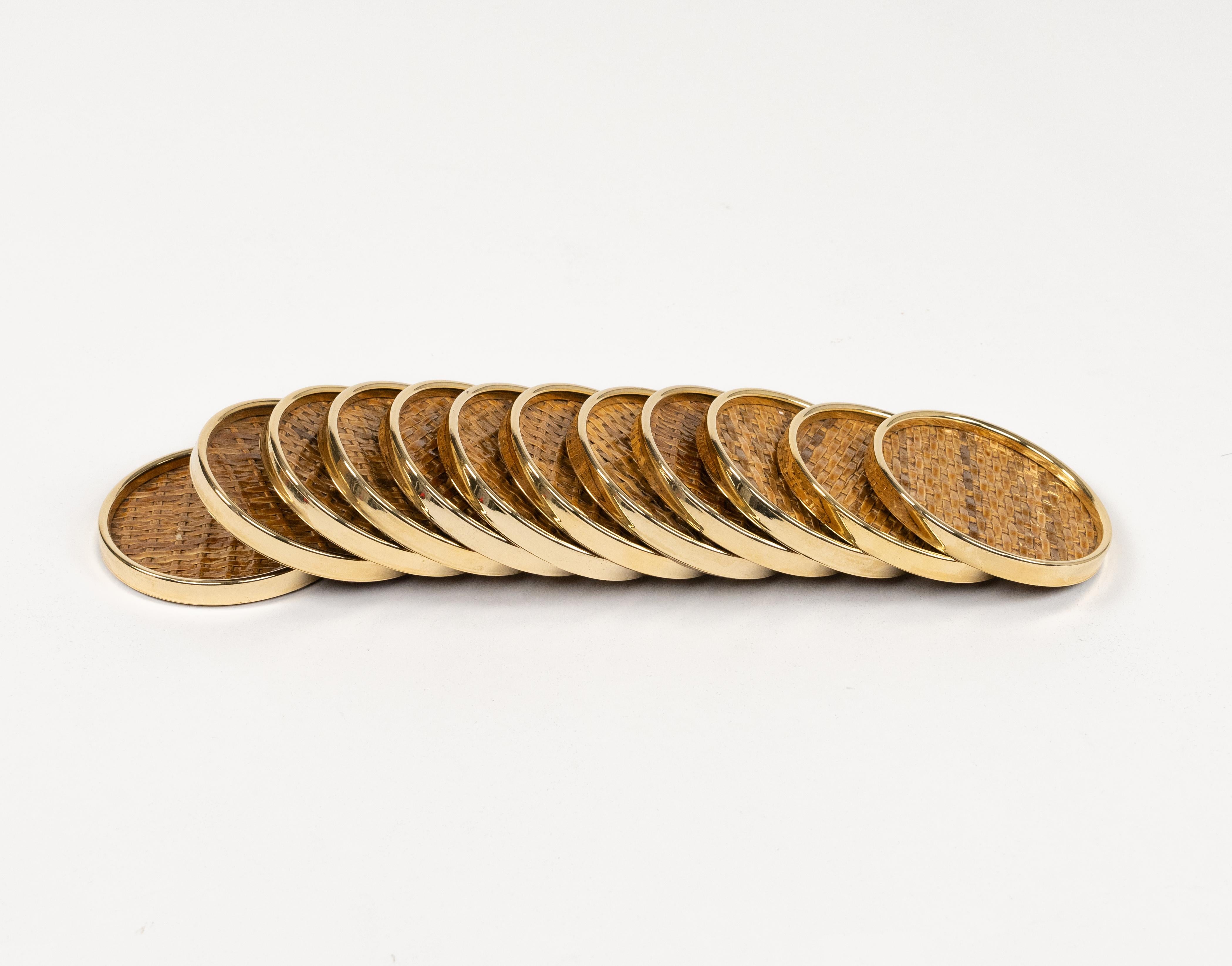 Midcentury Set of 14 Coasters in Brass and Wicker Dior Home Style, Italy 1970s 3