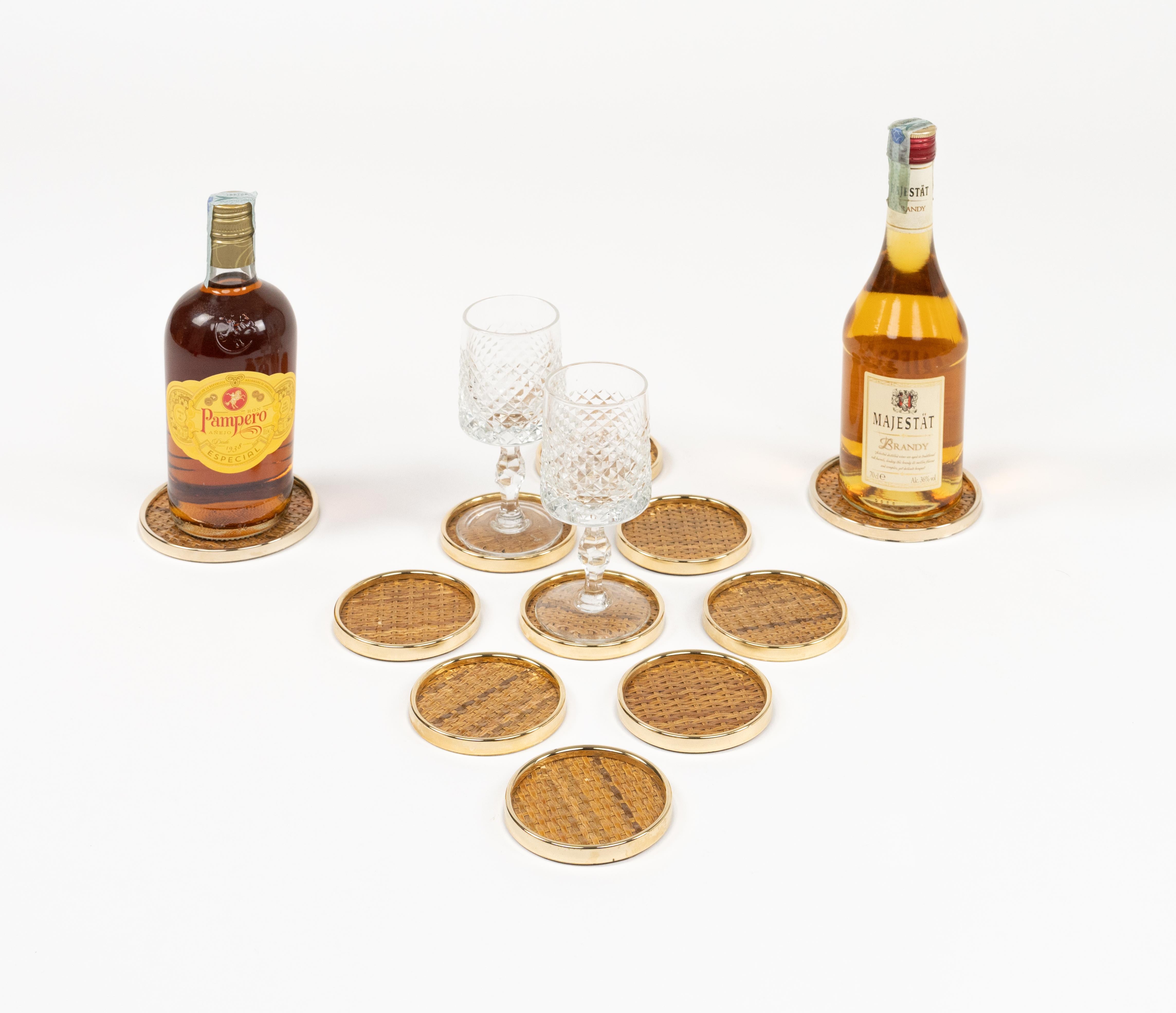 Midcentury Set of 14 Coasters in Brass and Wicker Dior Home Style, Italy 1970s 4