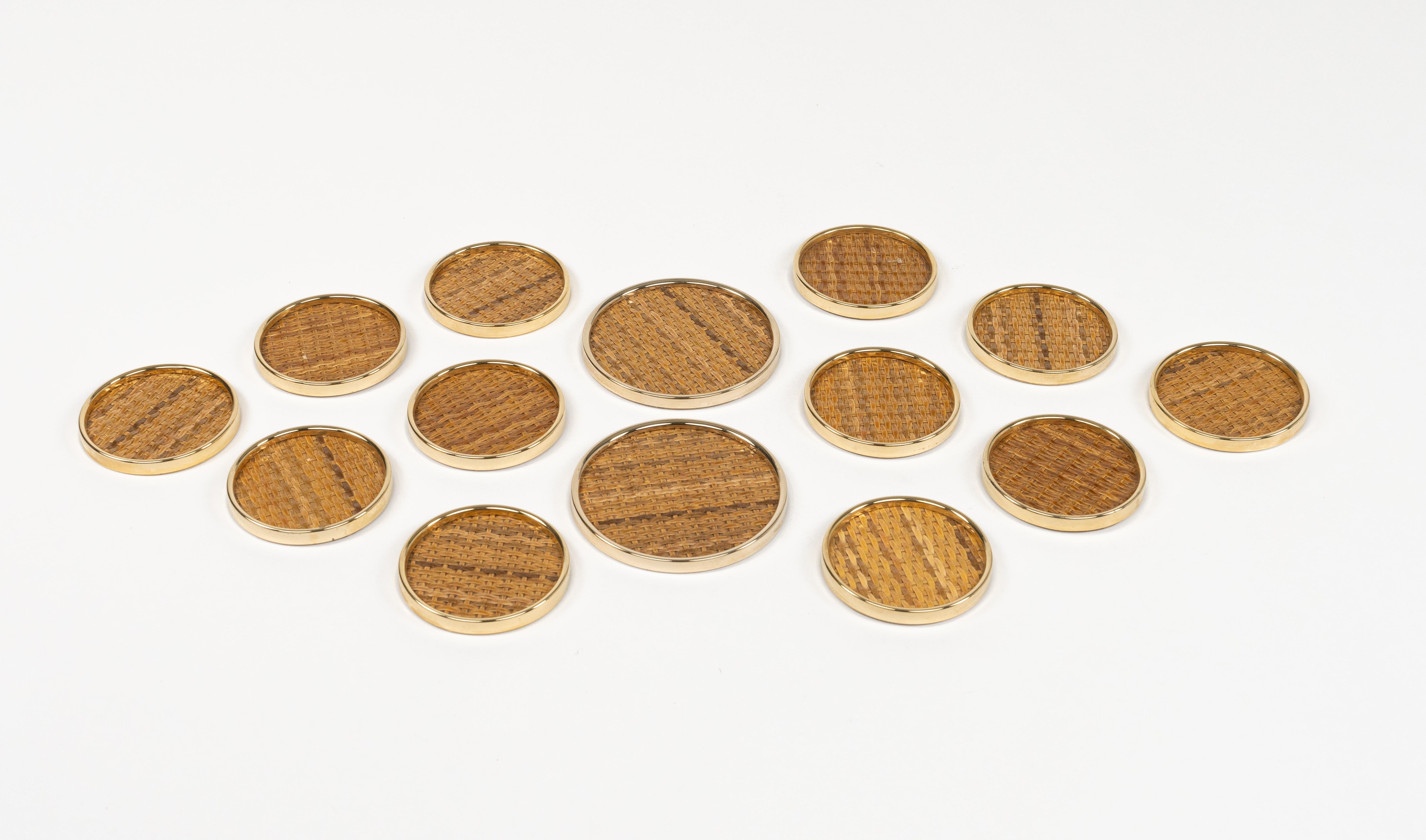 Midcentury Set of 14 Coasters in Brass and Wicker Dior Home Style, Italy 1970s 6