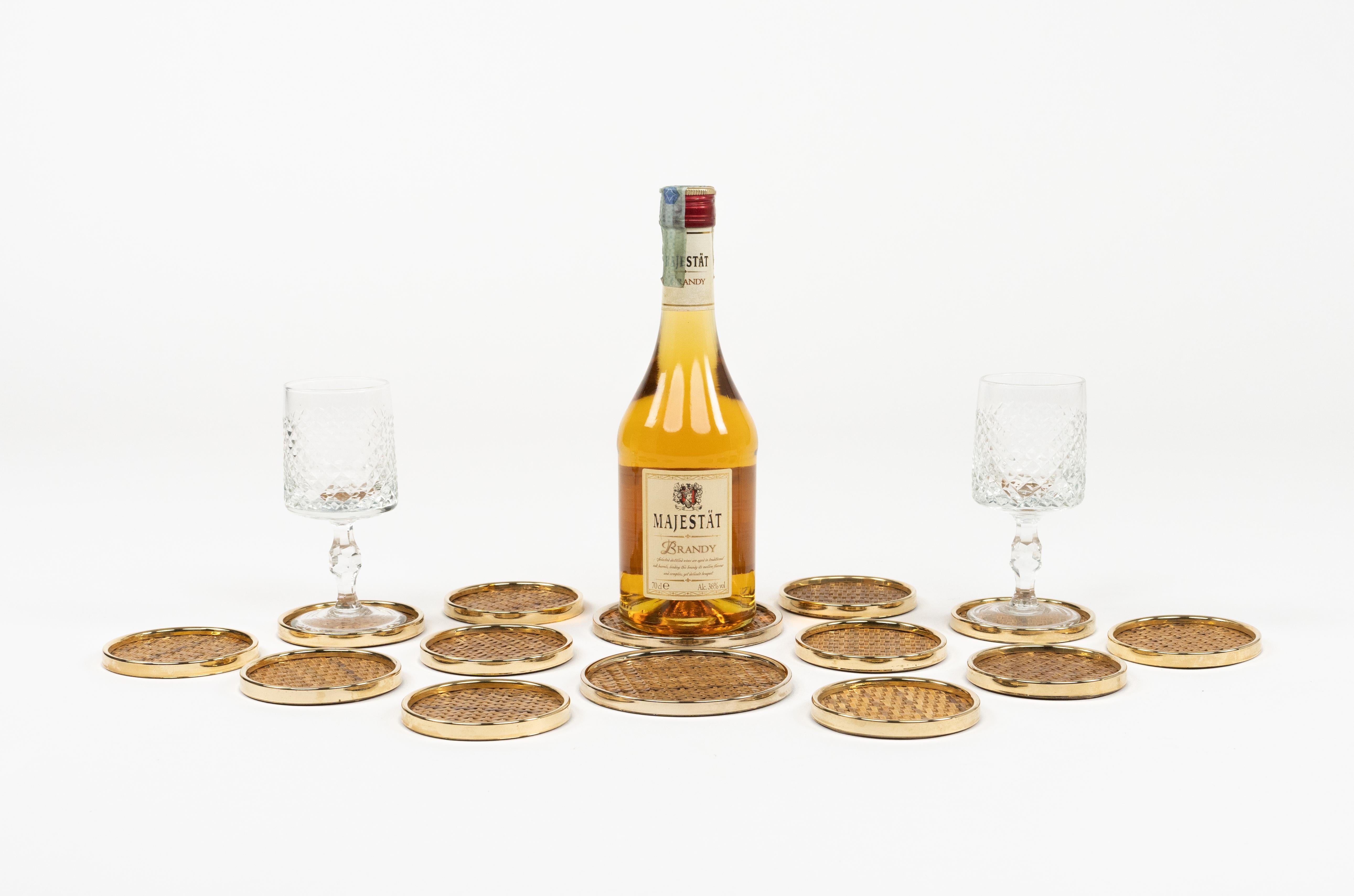 Midcentury Set of 14 Coasters in Brass and Wicker Dior Home Style, Italy 1970s 8