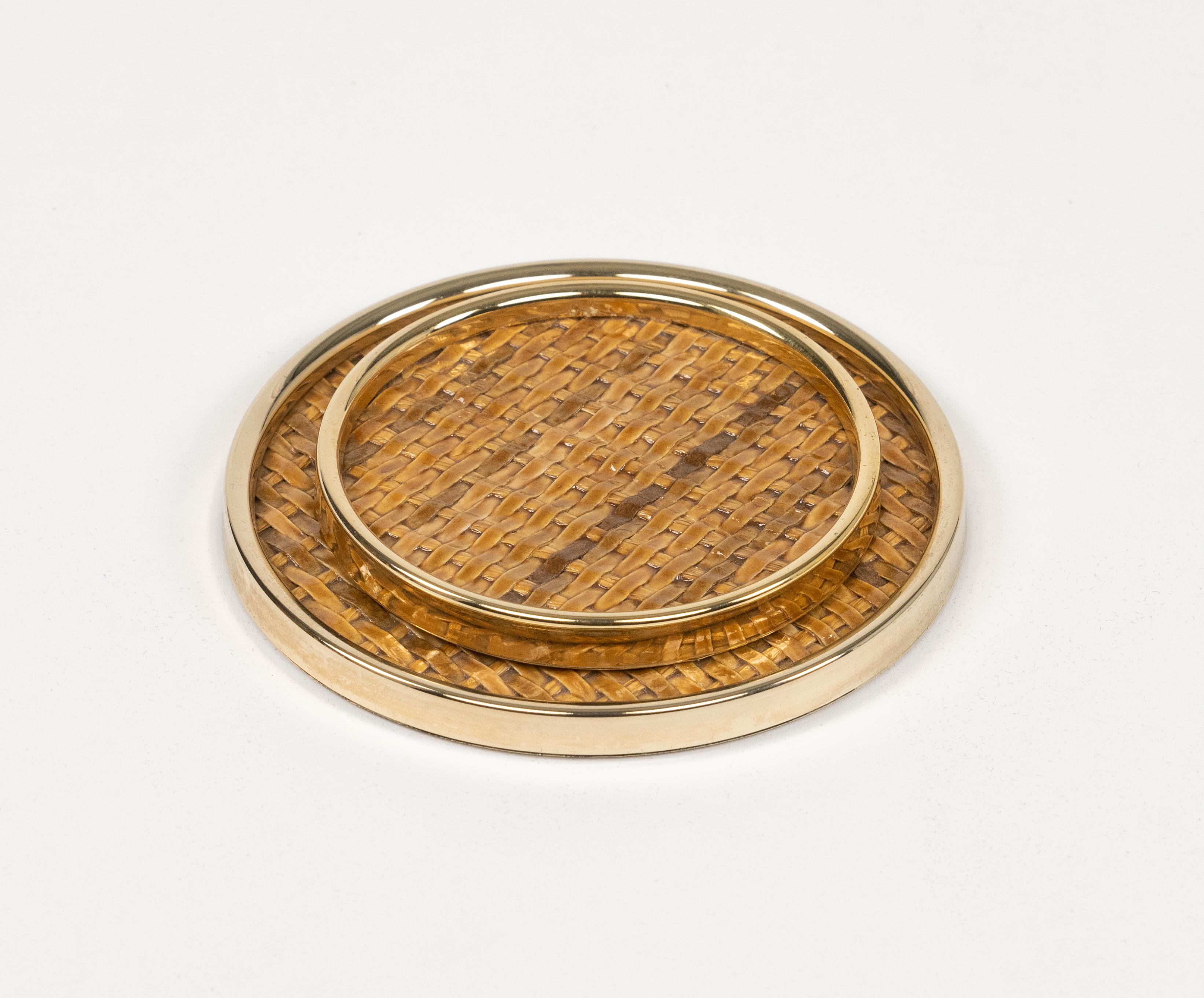 Midcentury Set of 14 Coasters in Brass and Wicker Dior Home Style, Italy 1970s 9