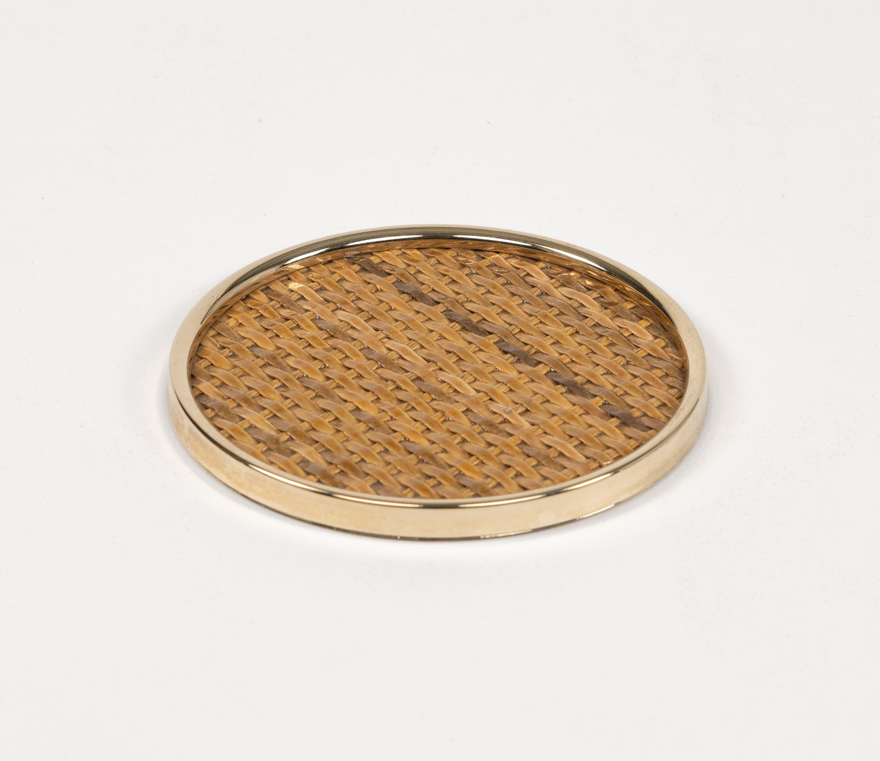 Midcentury Set of 14 Coasters in Brass and Wicker Dior Home Style, Italy 1970s 10