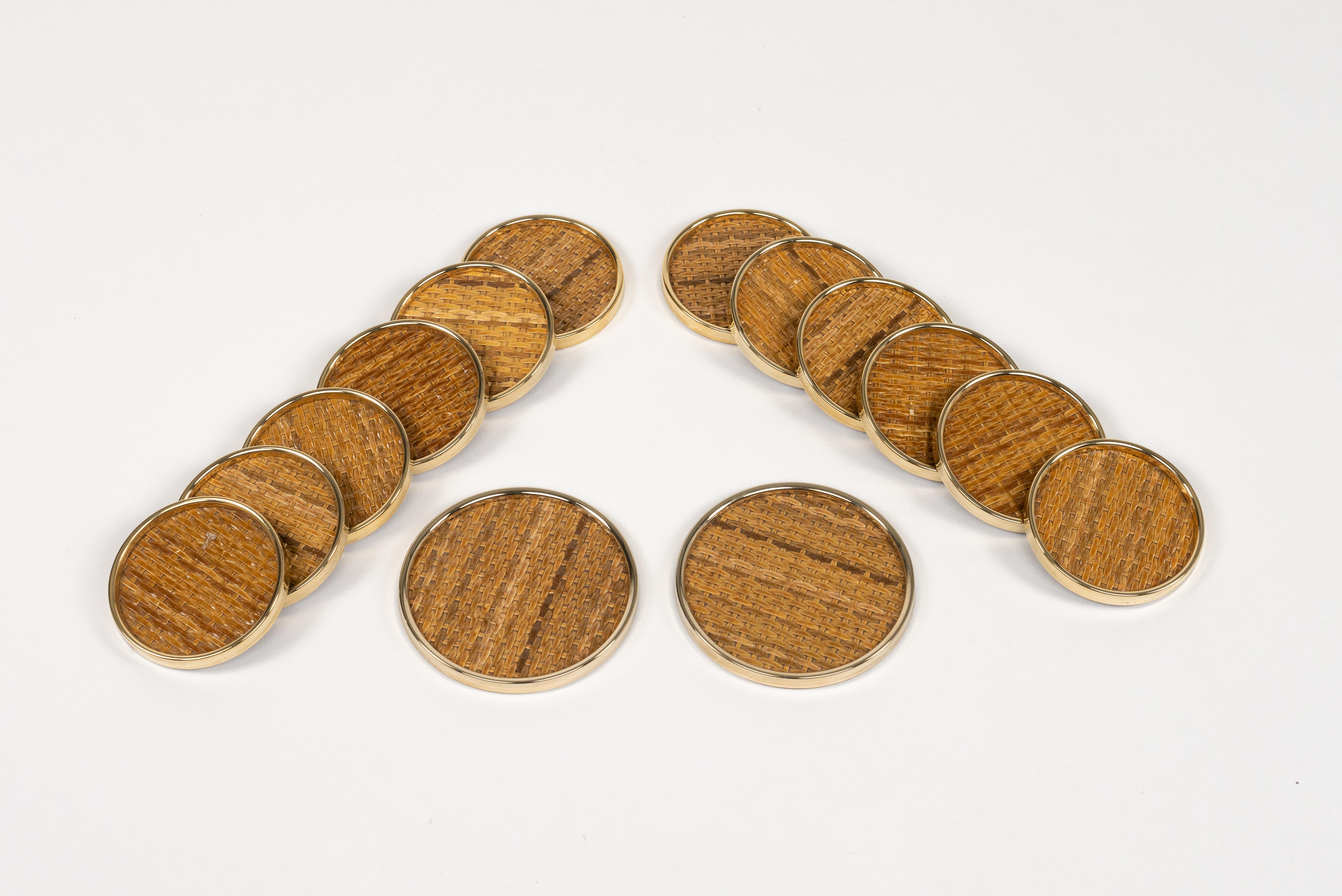 Midcentury Set of 14 Coasters in Brass and Wicker Dior Home Style, Italy 1970s 11