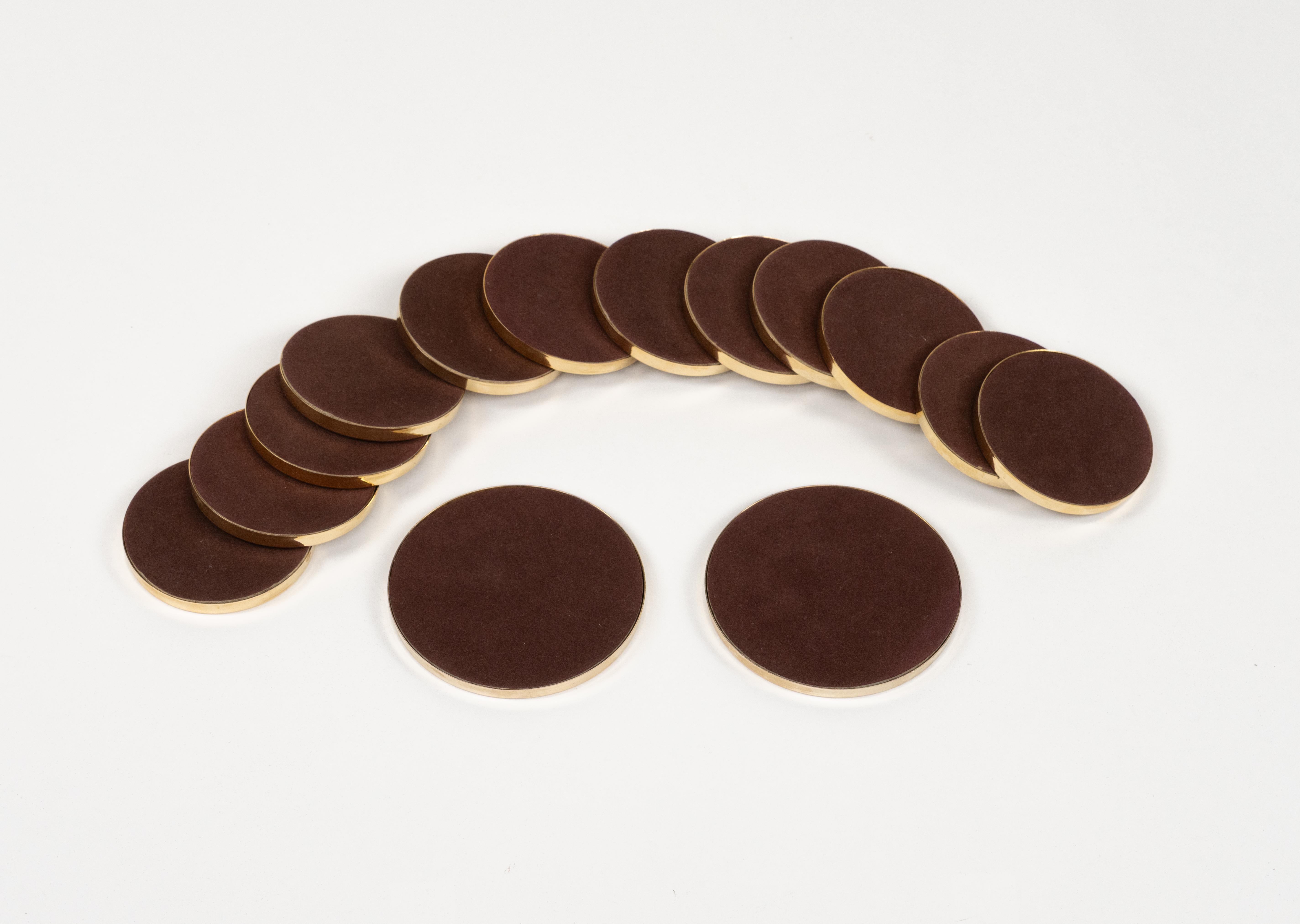 Midcentury Set of 14 Coasters in Brass and Wicker Dior Home Style, Italy 1970s 12