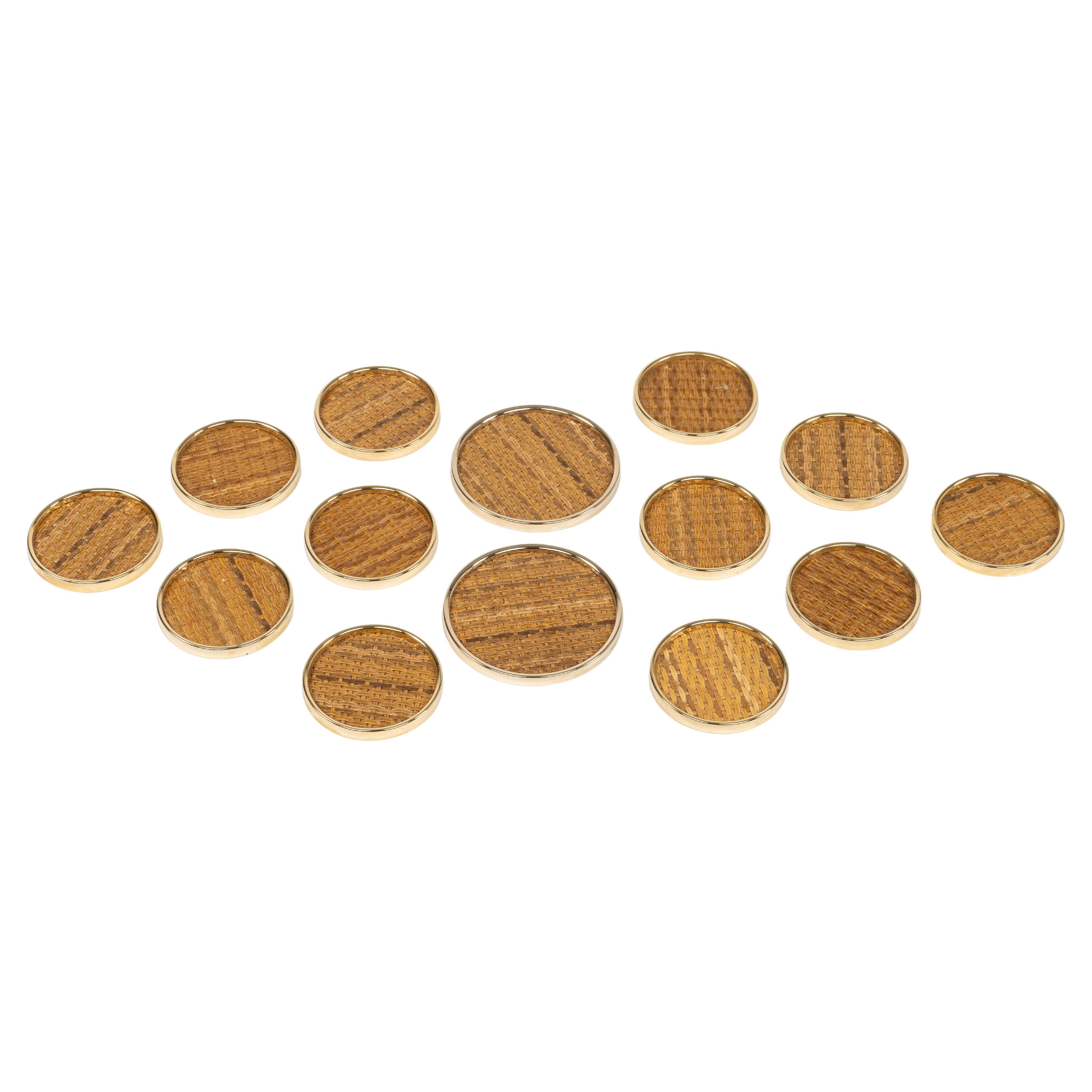 Midcentury Set of 14 Coasters in Brass and Wicker Dior Home Style, Italy 1970s 13