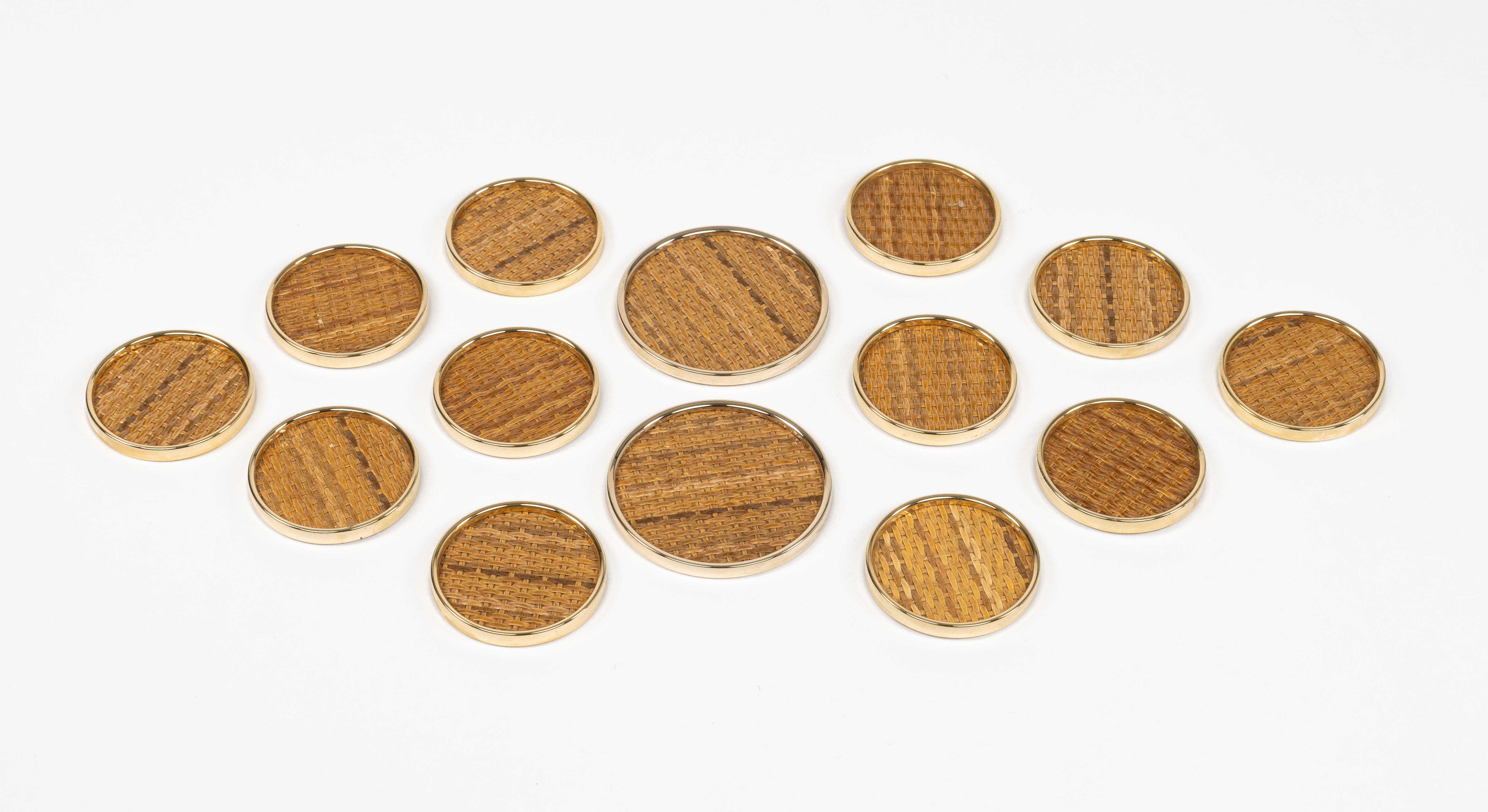 Mid-Century Modern Midcentury Set of 14 Coasters in Brass and Wicker Dior Home Style, Italy 1970s