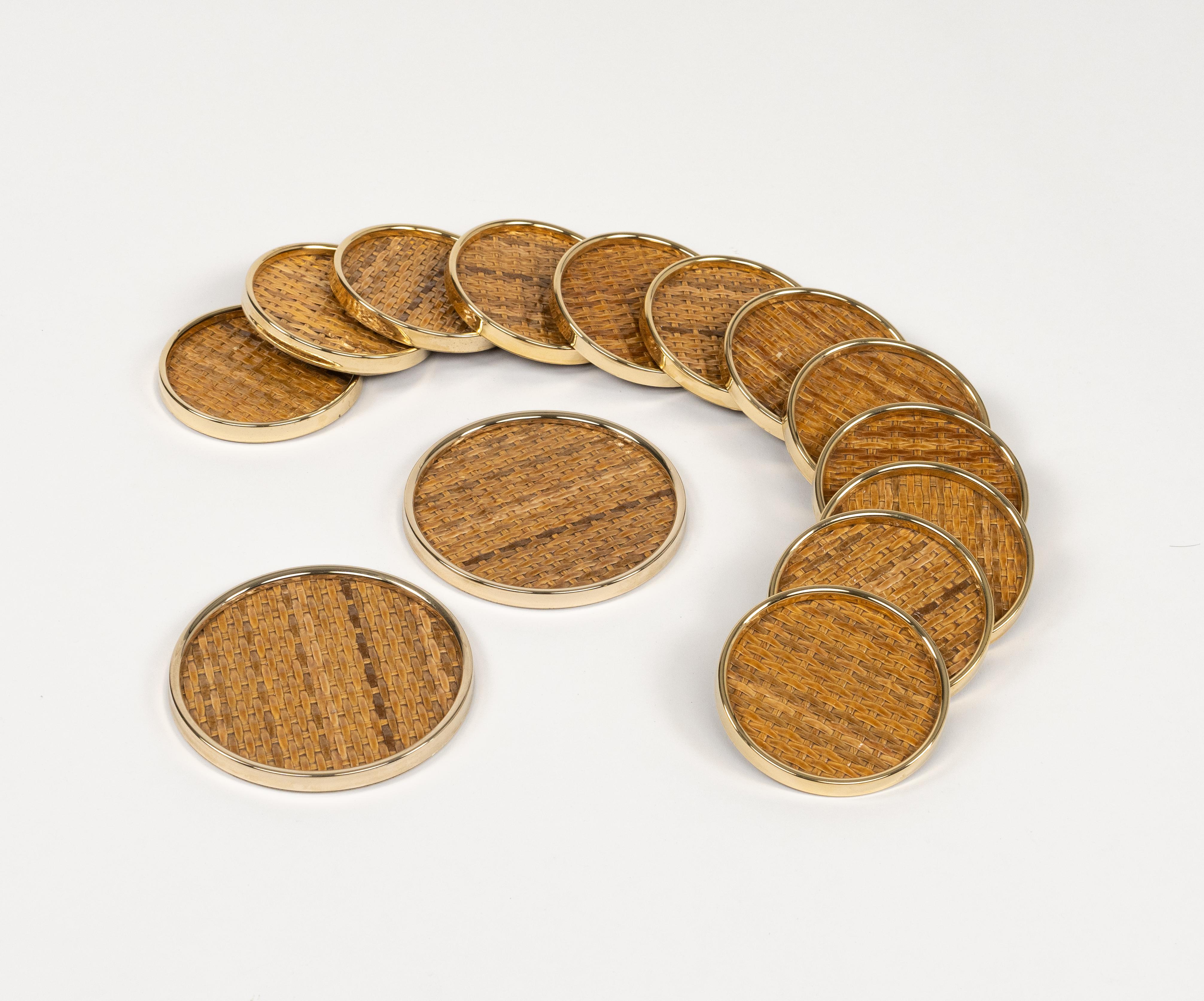 Italian Midcentury Set of 14 Coasters in Brass and Wicker Dior Home Style, Italy 1970s