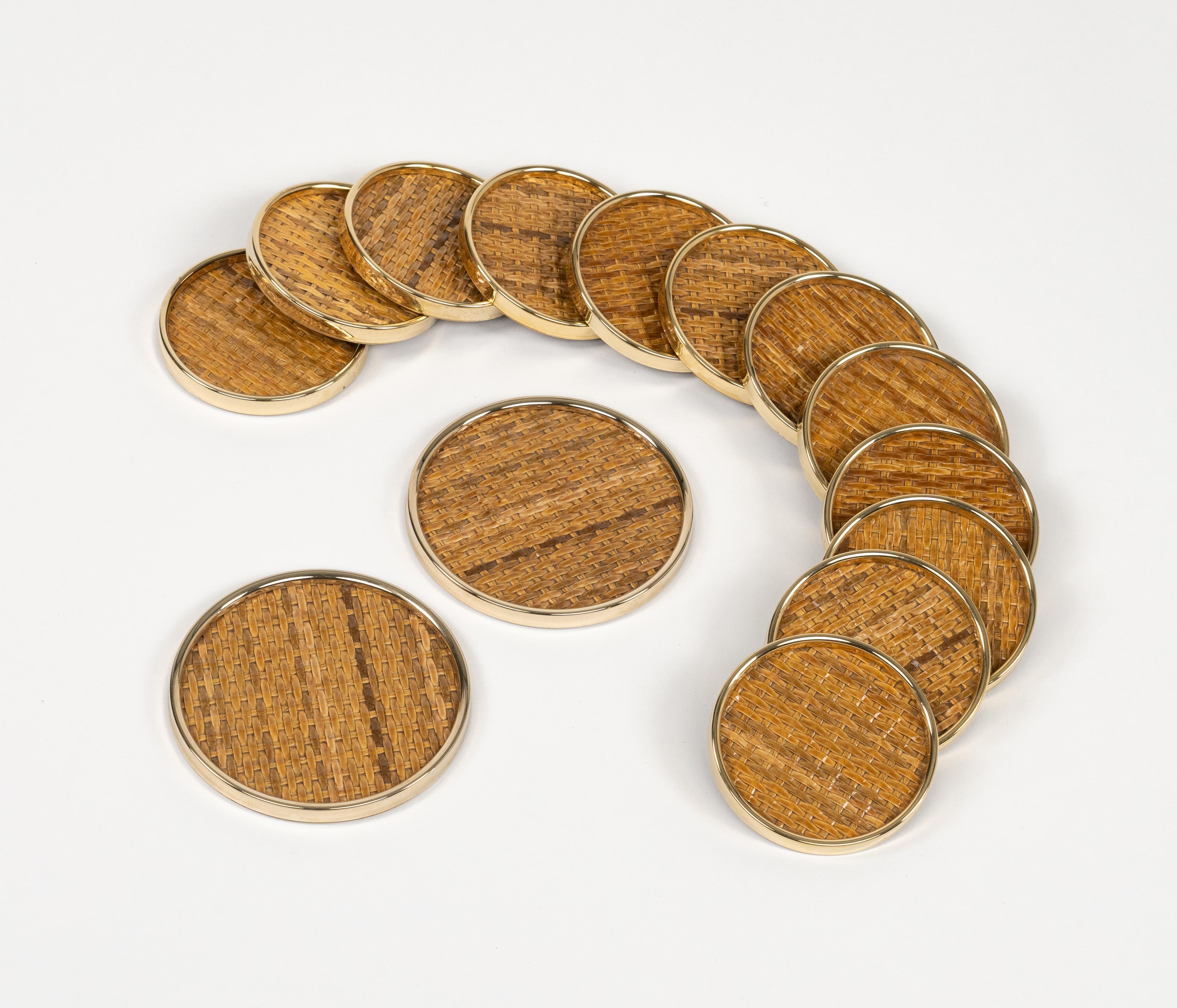 Midcentury Set of 14 Coasters in Brass and Wicker Dior Home Style, Italy 1970s In Good Condition In Rome, IT