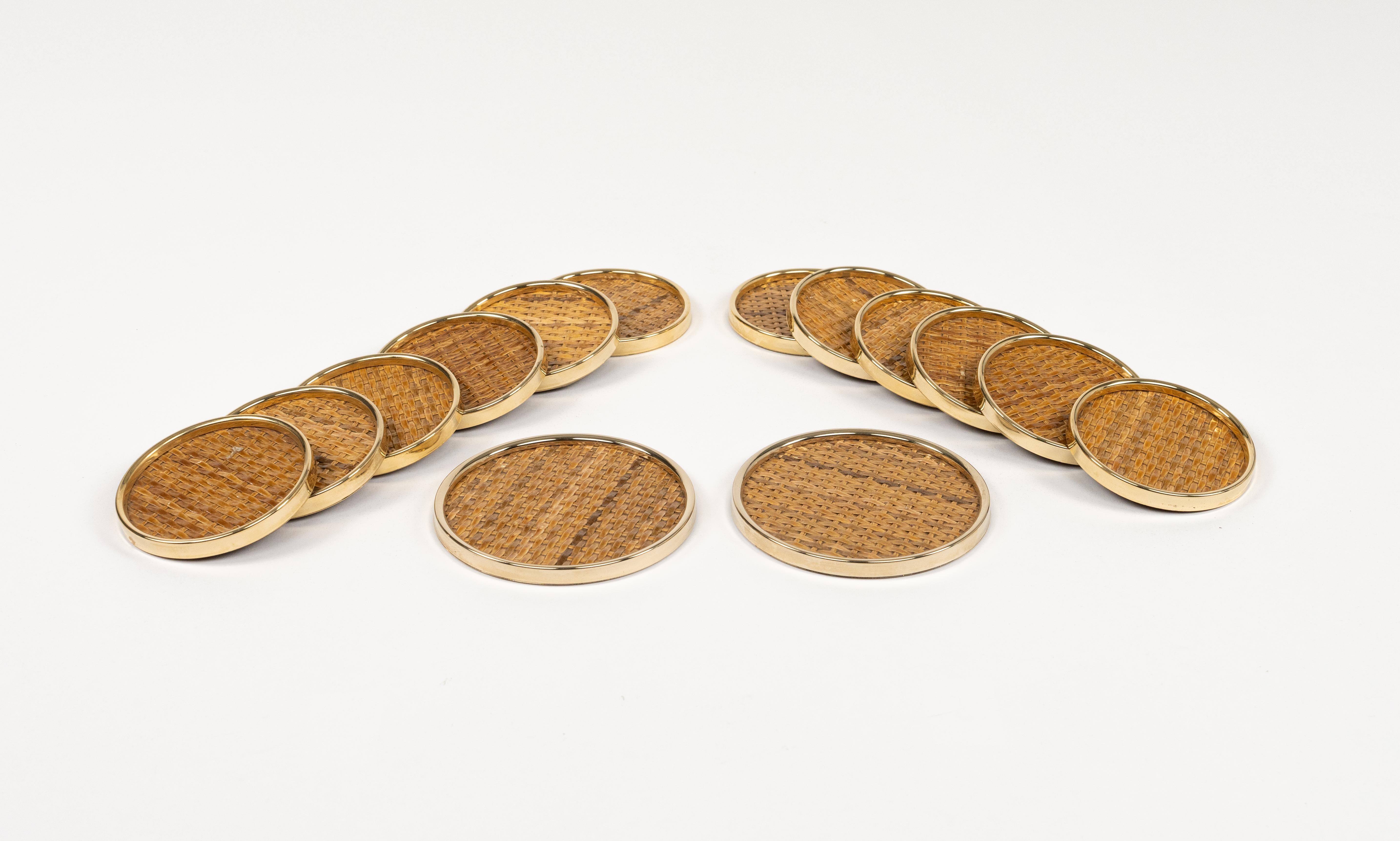 Late 20th Century Midcentury Set of 14 Coasters in Brass and Wicker Dior Home Style, Italy 1970s