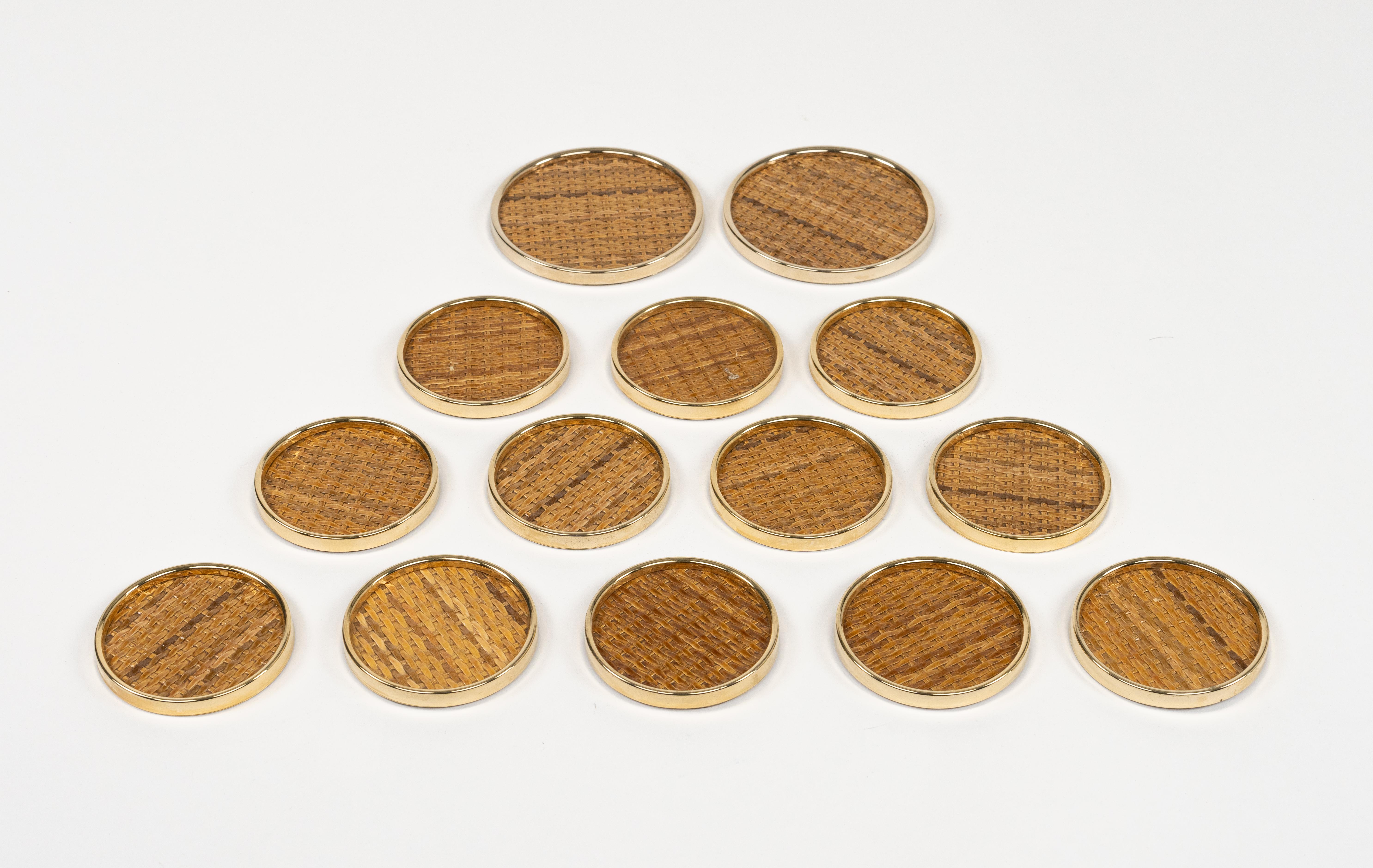 Metal Midcentury Set of 14 Coasters in Brass and Wicker Dior Home Style, Italy 1970s