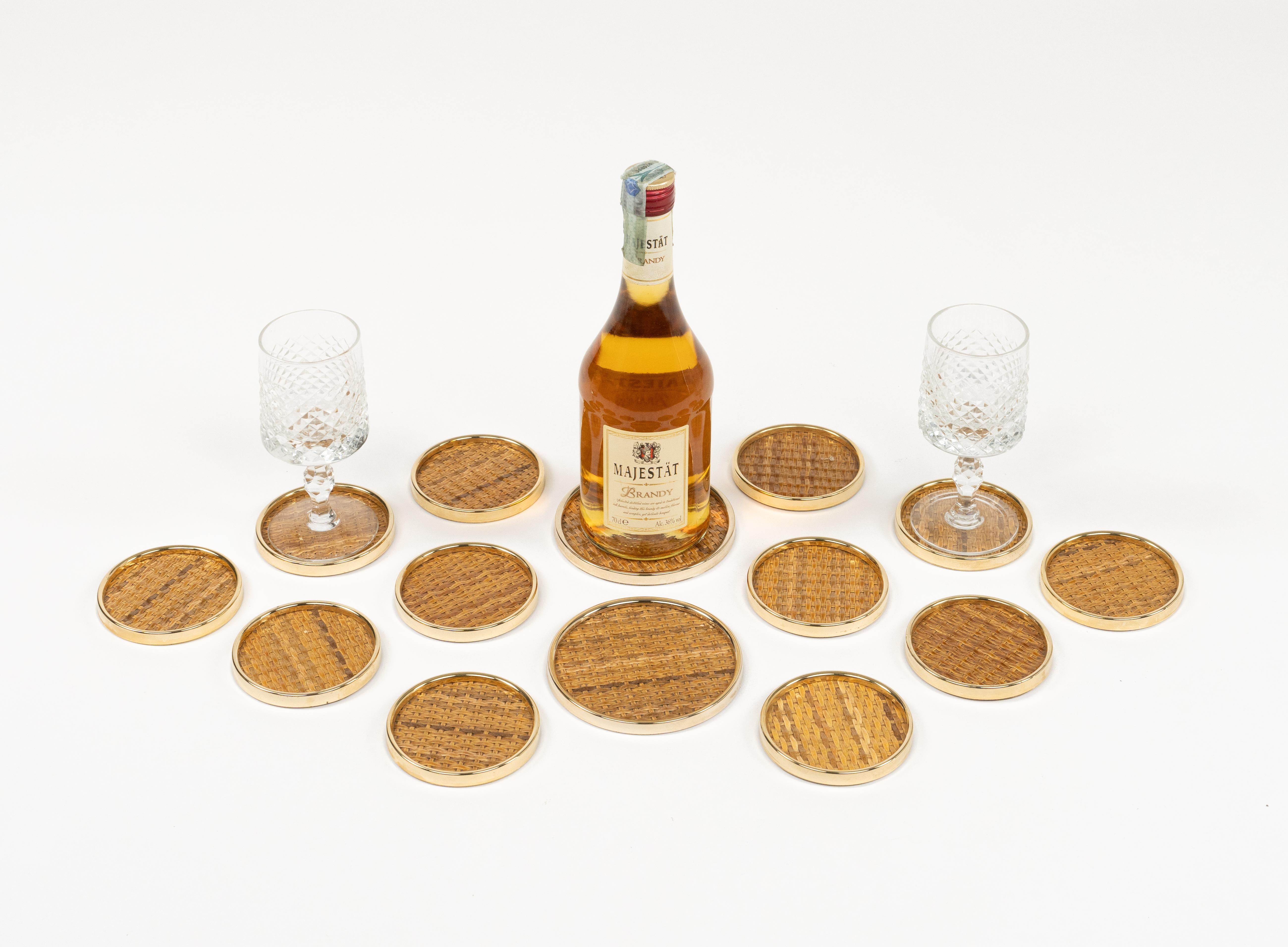 Midcentury Set of 14 Coasters in Brass and Wicker Dior Home Style, Italy 1970s 1
