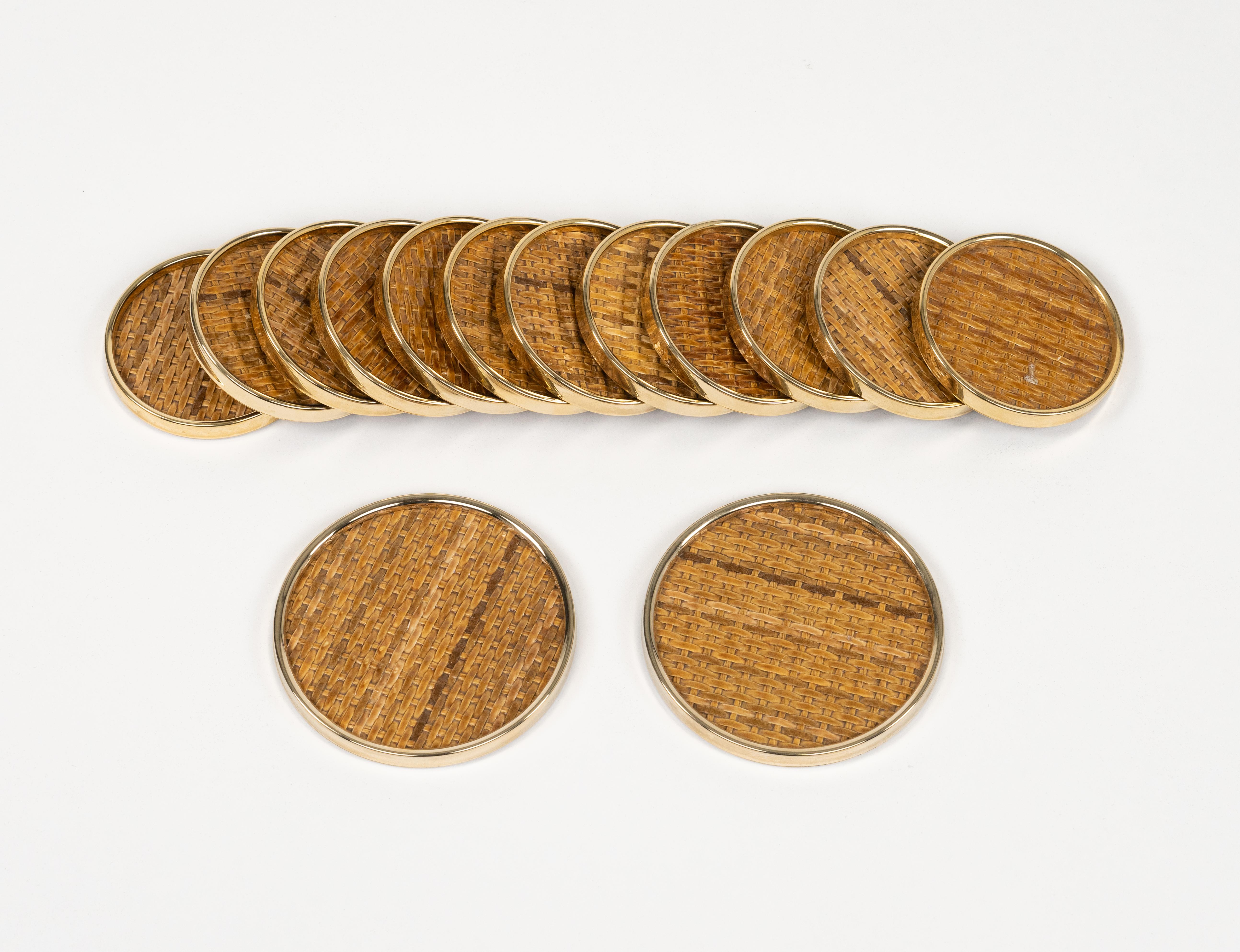 Midcentury Set of 14 Coasters in Brass and Wicker Dior Home Style, Italy 1970s 2