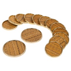 Midcentury Set of 14 Coasters in Brass and Wicker Dior Home Style, Italy 1970s