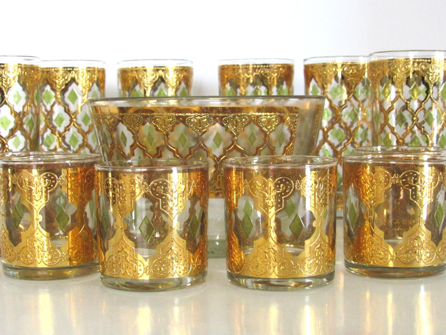 Mid-Century Modern Midcentury Set of 22-Karat Gold Leaf Glassware and Ice Bucket by Culver, 1960s
