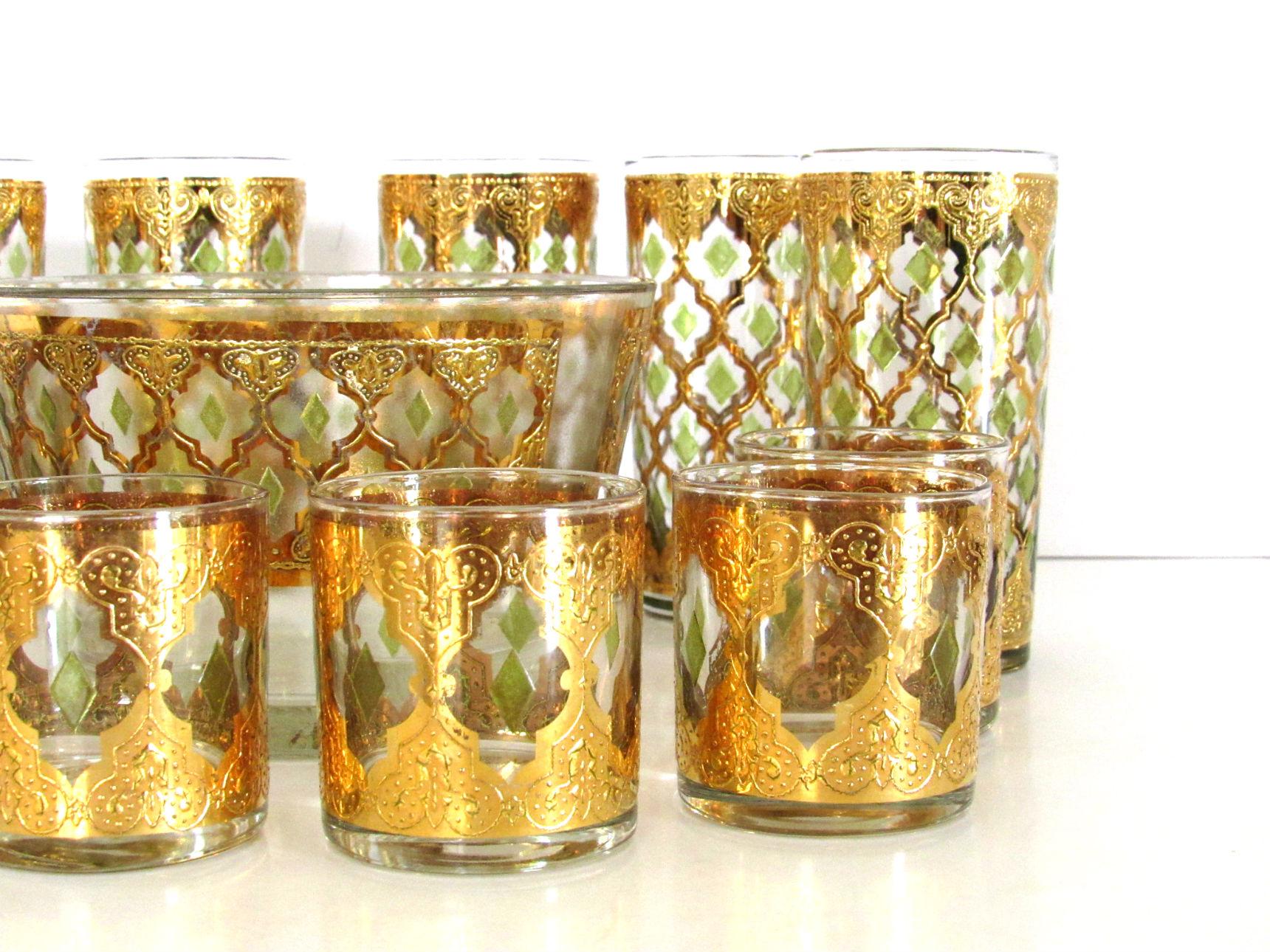 American Midcentury Set of 22-Karat Gold Leaf Glassware and Ice Bucket by Culver, 1960s