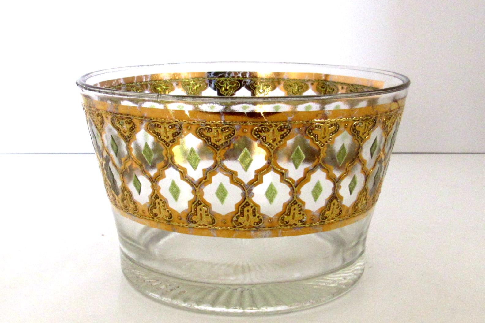 Midcentury Set of 22-Karat Gold Leaf Glassware and Ice Bucket by Culver, 1960s 1