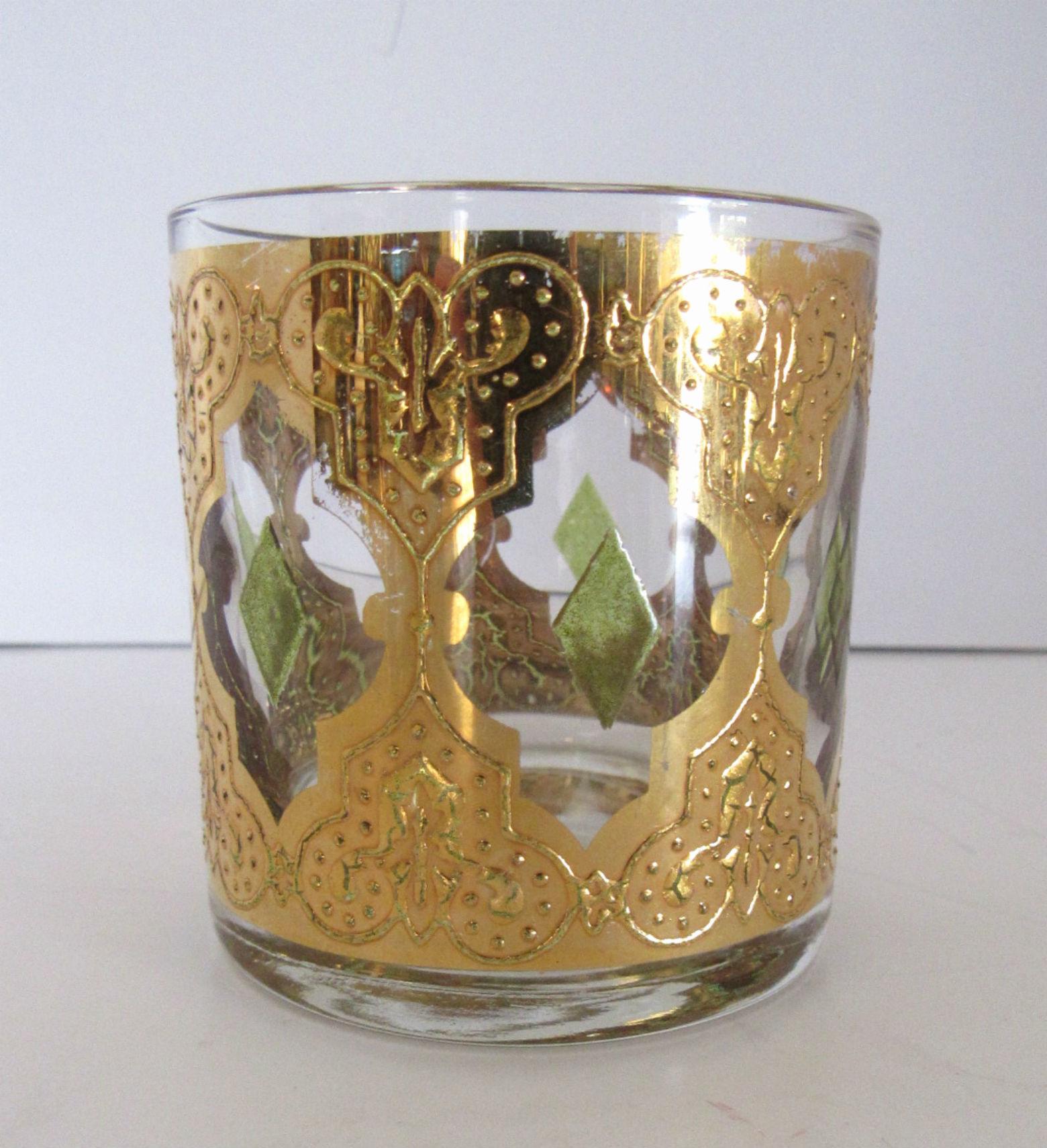 Midcentury Set of 22-Karat Gold Leaf Glassware and Ice Bucket by Culver, 1960s 3