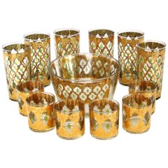 Midcentury Set of 22-Karat Gold Leaf Glassware and Ice Bucket by Culver, 1960s