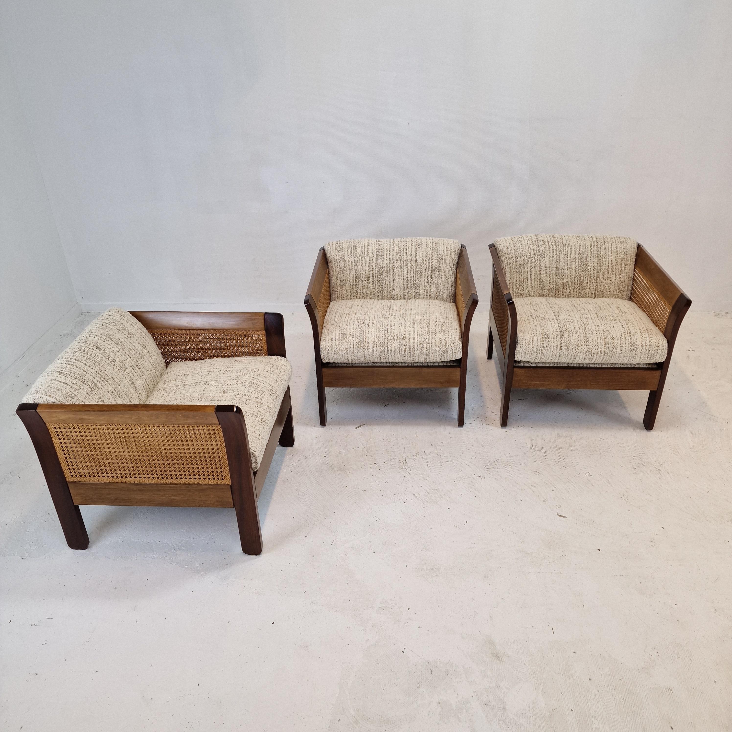 Mid-Century Modern Midcentury Set of 3 Italian Wood with Rattan Club Chairs, 1960s