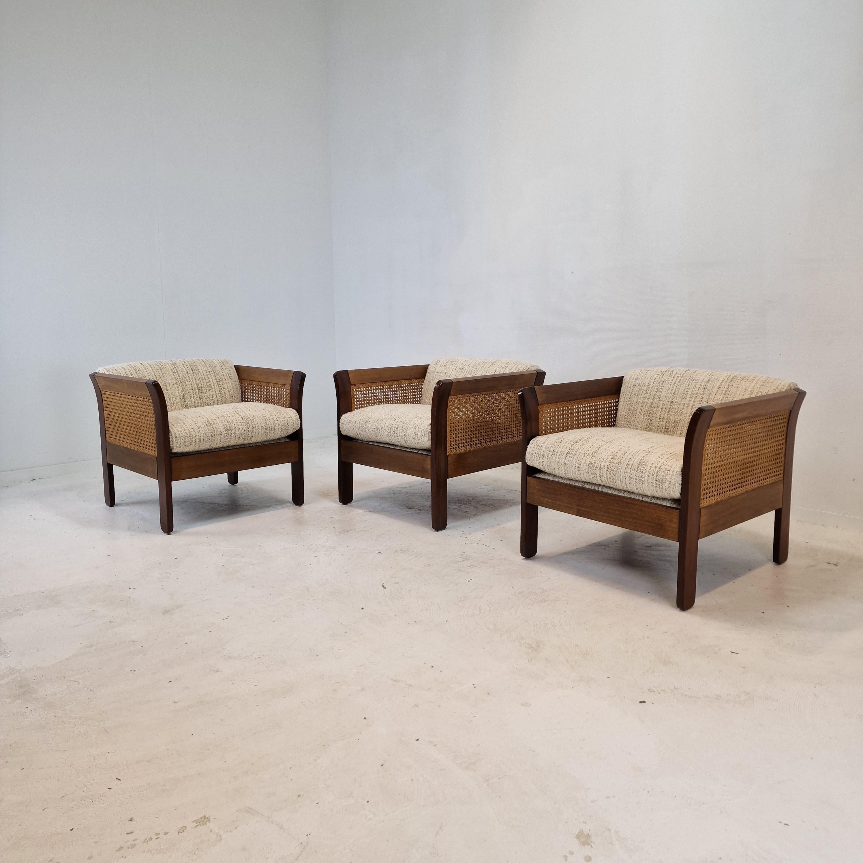 Midcentury Set of 3 Italian Wood with Rattan Club Chairs, 1960s In Good Condition In Oud Beijerland, NL