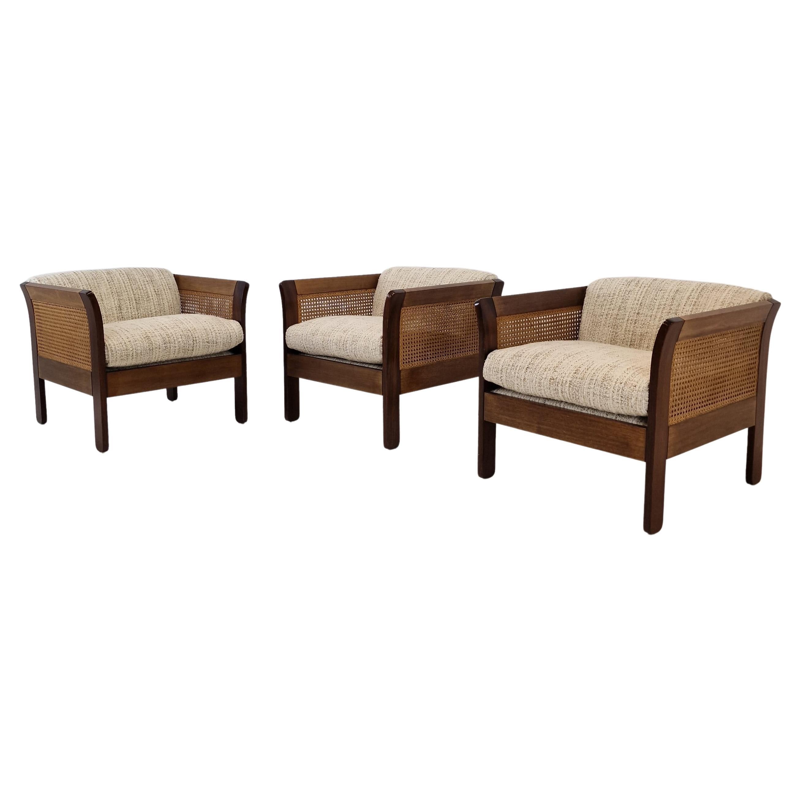 Midcentury Set of 3 Italian Wood with Rattan Club Chairs, 1960s