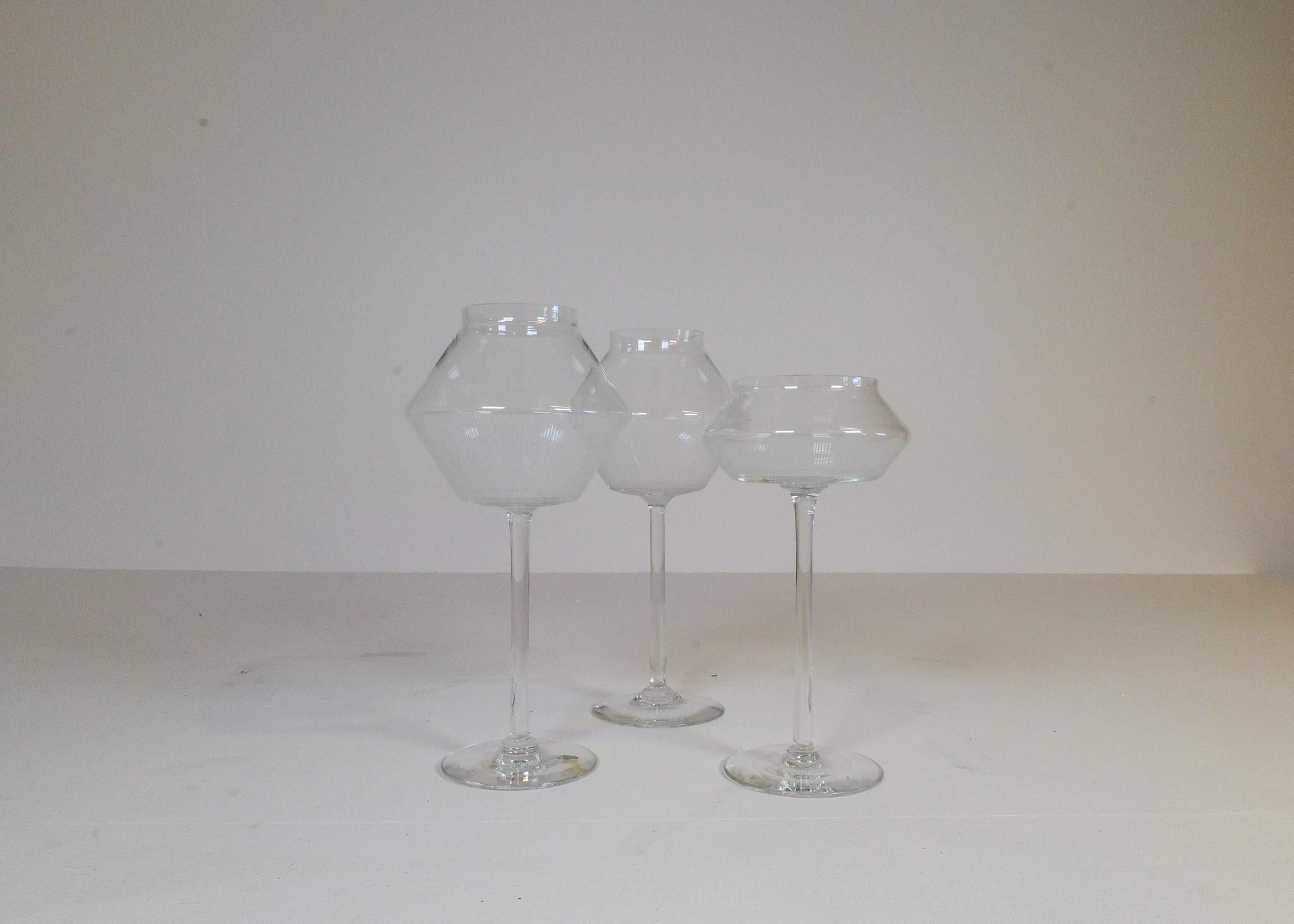Mid-20th Century Midcentury Set of 3 Large Art Glass Candleholders Johansfors, Sweden, 1950s For Sale