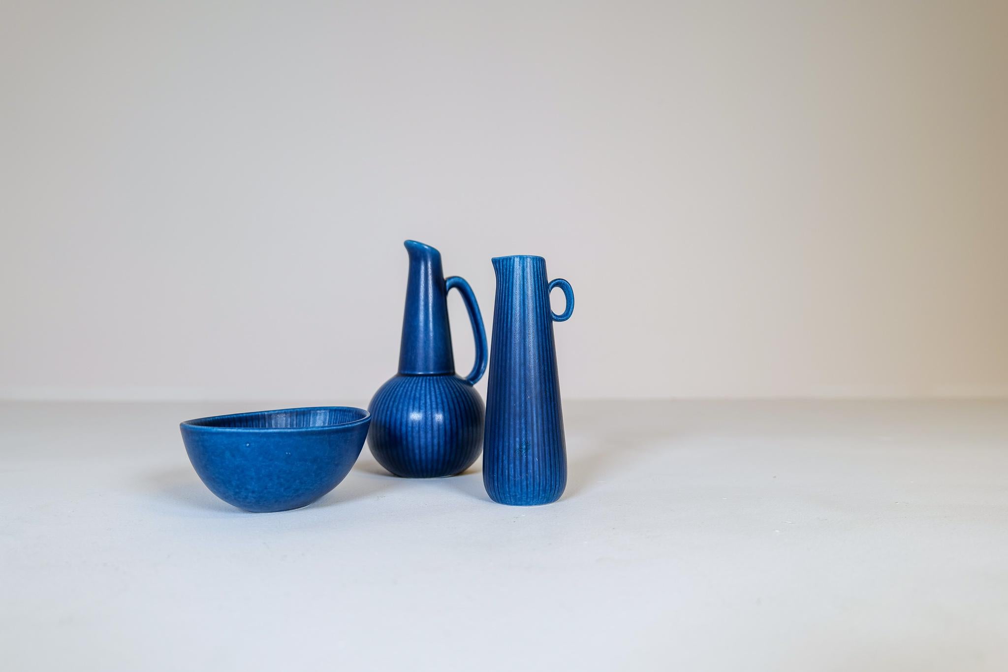 Mid-Century Modern Midcentury Modern Set of 3 Rörstrand Ritzi Vases and Bowl Gunnar Nylund For Sale