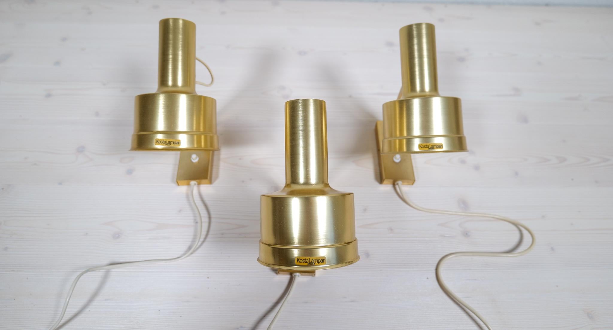 Mid-Century Modern Midcentury Modern Set of 3 Wall Lights in Brass Candela Per Sundstedt Sweden For Sale