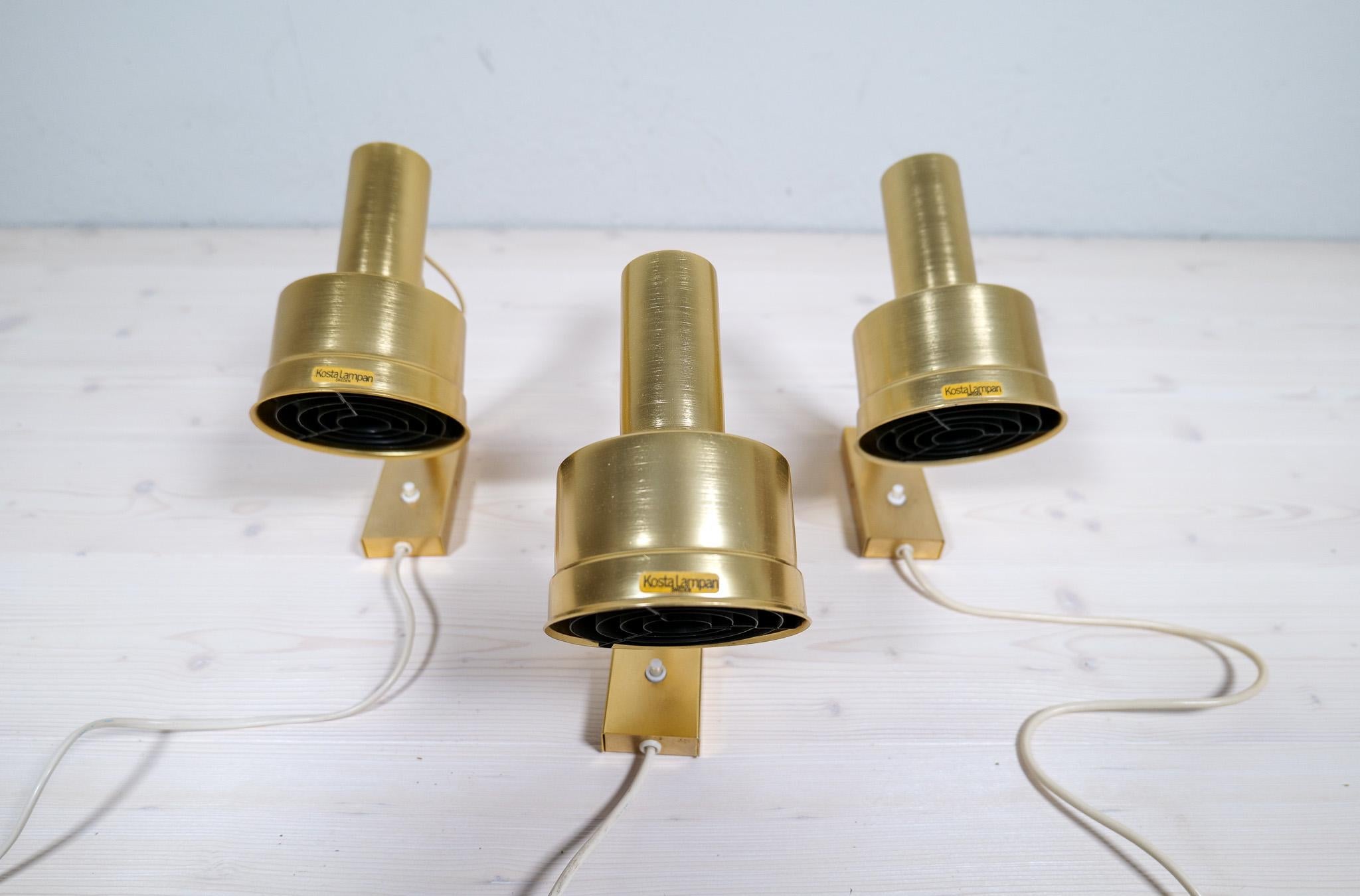 Swedish Midcentury Modern Set of 3 Wall Lights in Brass Candela Per Sundstedt Sweden For Sale