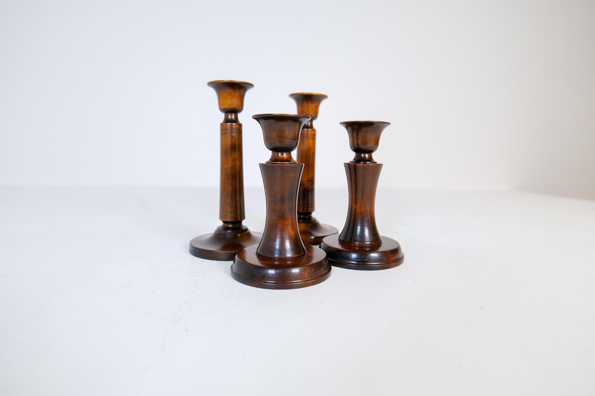 Lacquered Midcentury Set of 4 Candlesticks in Birch Carl Malmsten Sweden 1960s For Sale