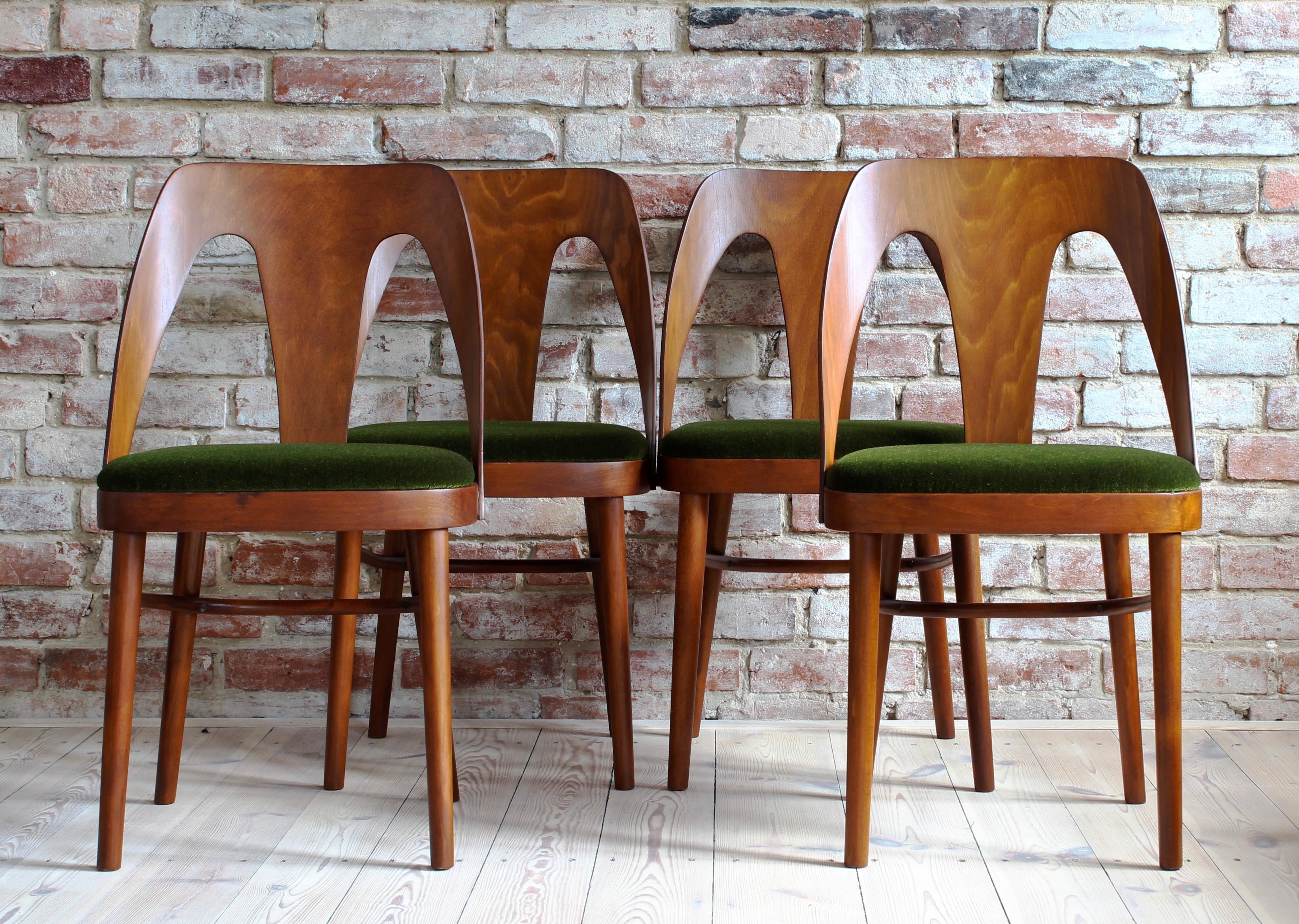 Polish Midcentury Set of 4 Dining Chairs in Juicy Green Mohair by Kvadrat