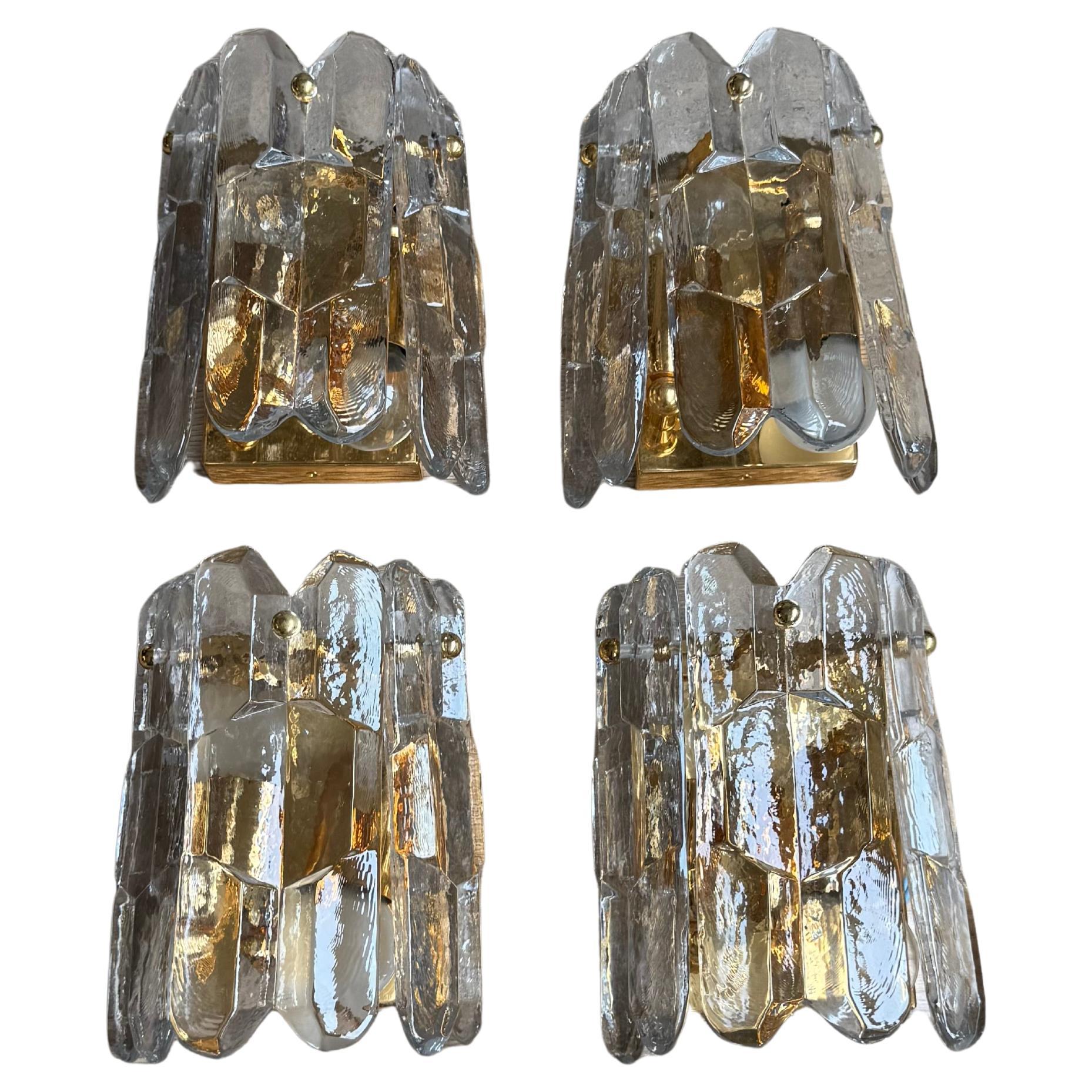 Mediados de Siglo Juego de 4 Apliques de Cristal Kalmar Ice, Latón, Accesorios Austria Años 70