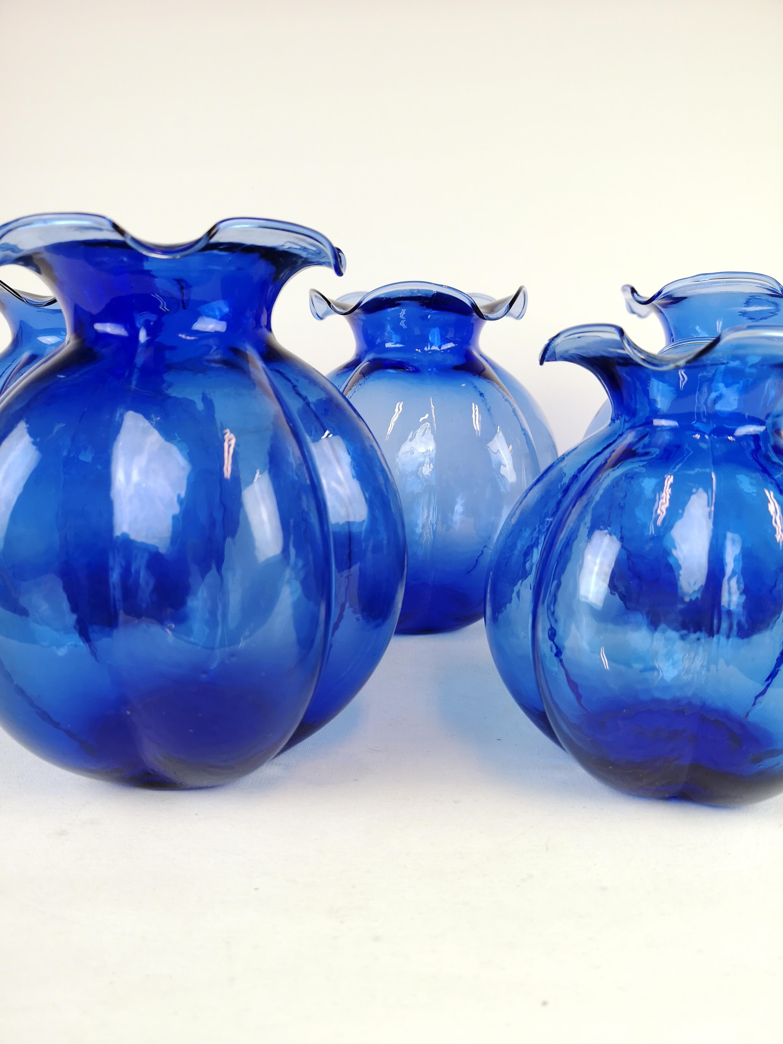 Swedish Midcentury Set of 5 Blue Vases Johansfors, Sweden, 1950s