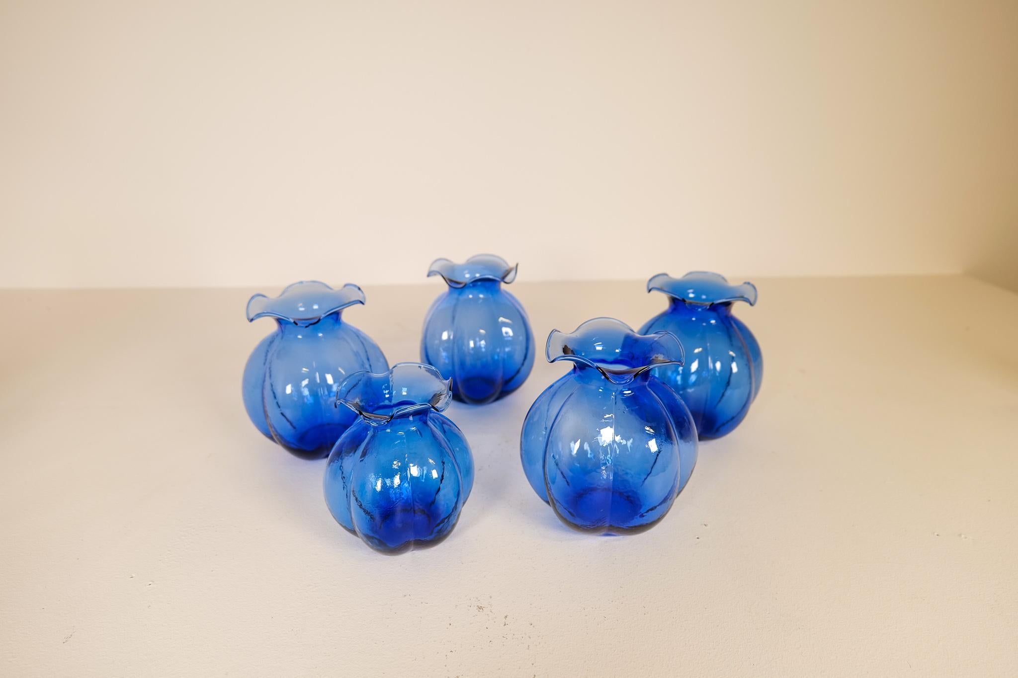 Swedish Midcentury Set of 5 Blue Vases Johansfors, Sweden, 1950s