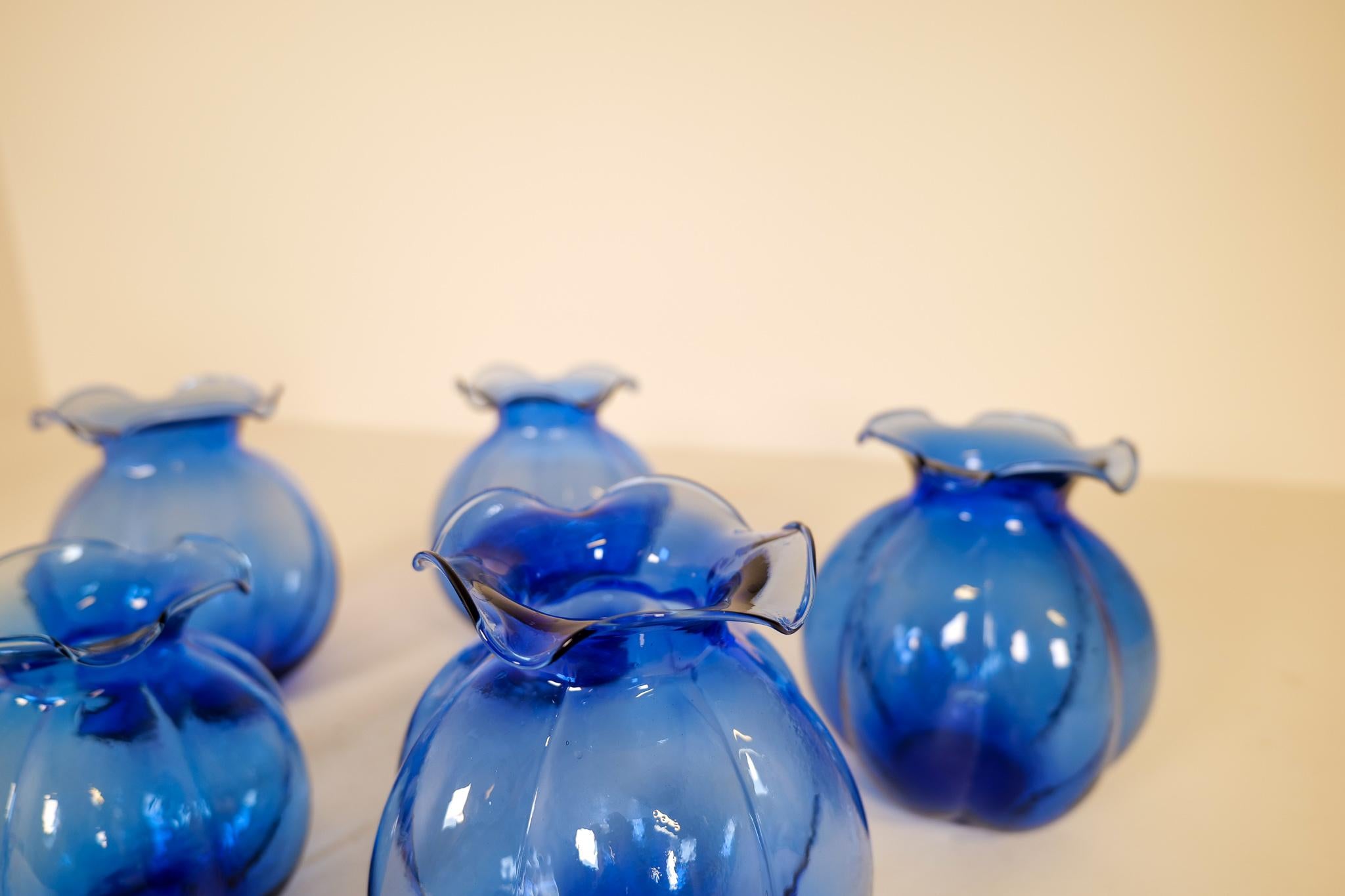 Glass Midcentury Set of 5 Blue Vases Johansfors, Sweden, 1950s