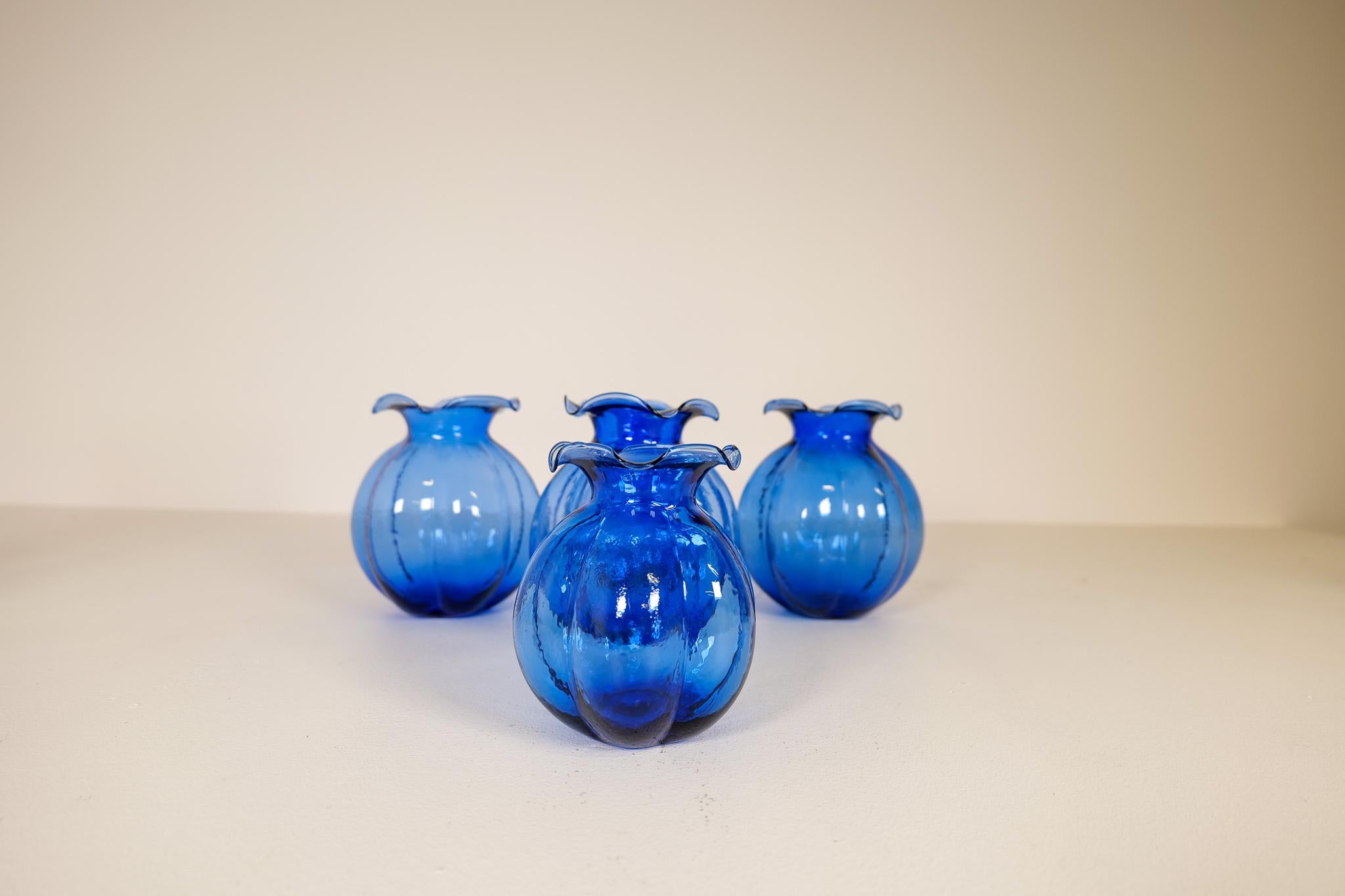 Midcentury Set of 5 Blue Vases Johansfors, Sweden, 1950s 1