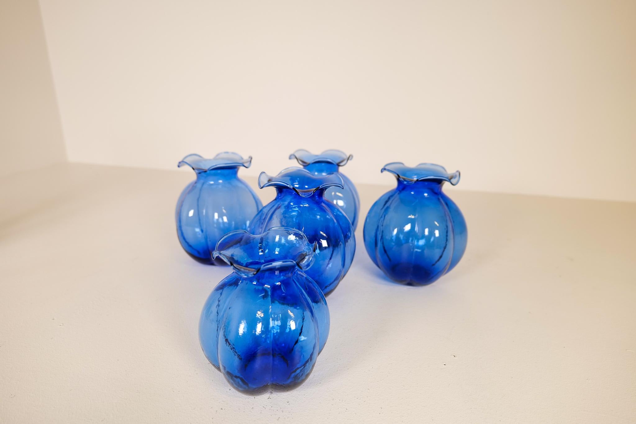 Midcentury Set of 5 Blue Vases Johansfors, Sweden, 1950s 2