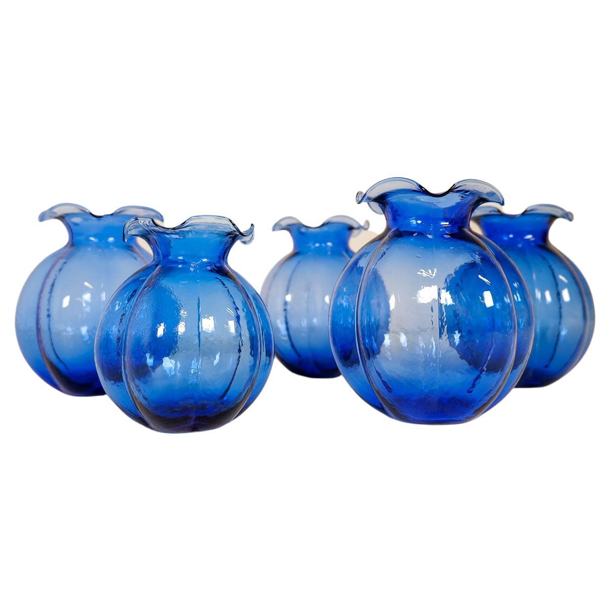 Midcentury Set of 5 Blue Vases Johansfors, Sweden, 1950s