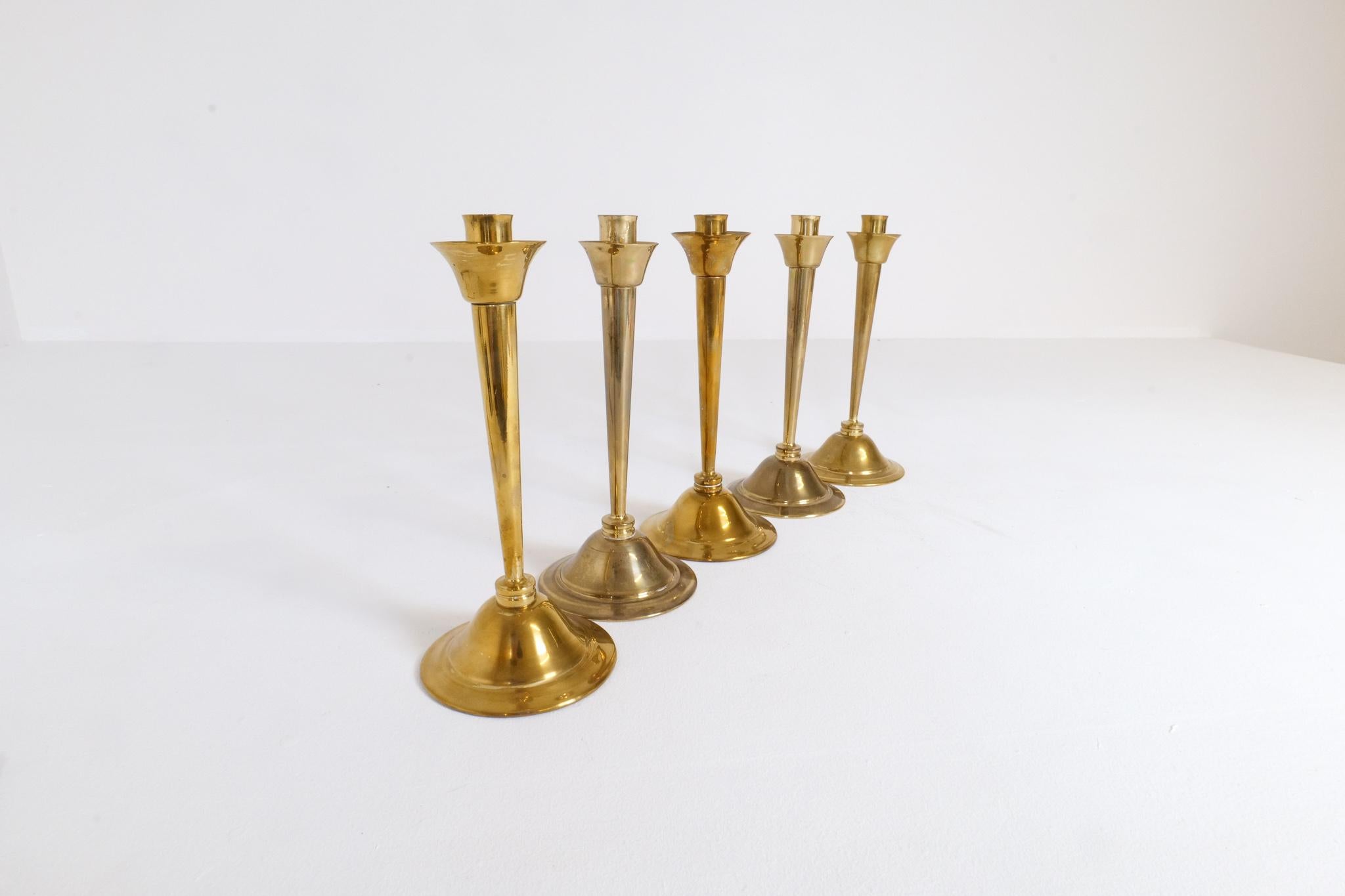 Midcentury Set of 5 Candlesticks in Brass by Lars Holmström Arvika, Sweden For Sale 4