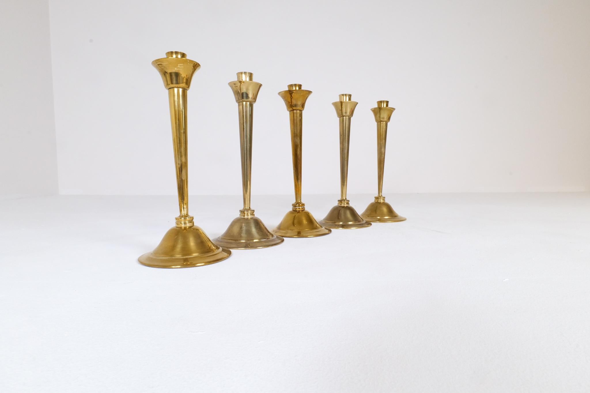 Midcentury Set of 5 Candlesticks in Brass by Lars Holmström Arvika, Sweden For Sale 5